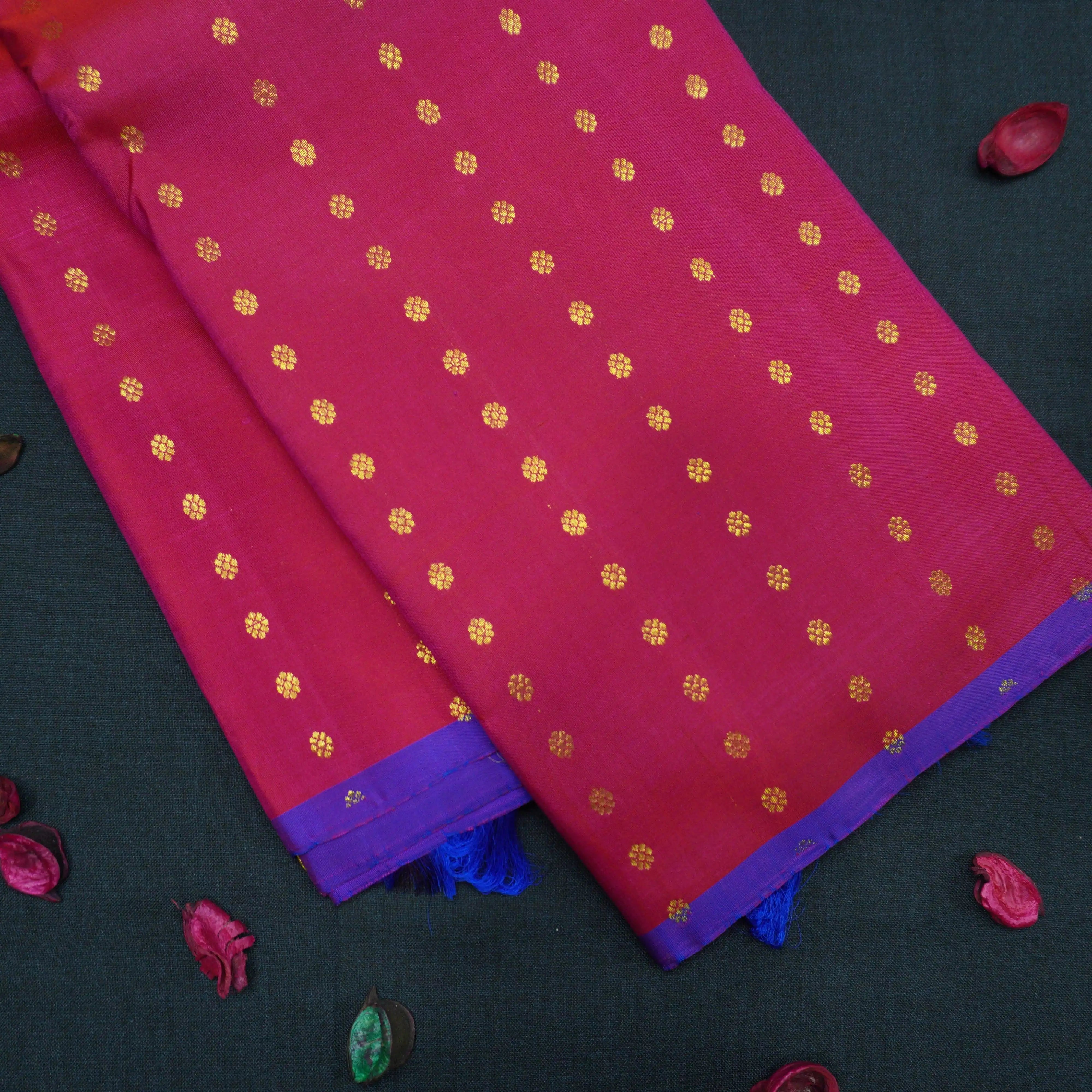 Hot Pink Borderless Kanchipuram Silk Saree with Gold Zari Kamalam Design
