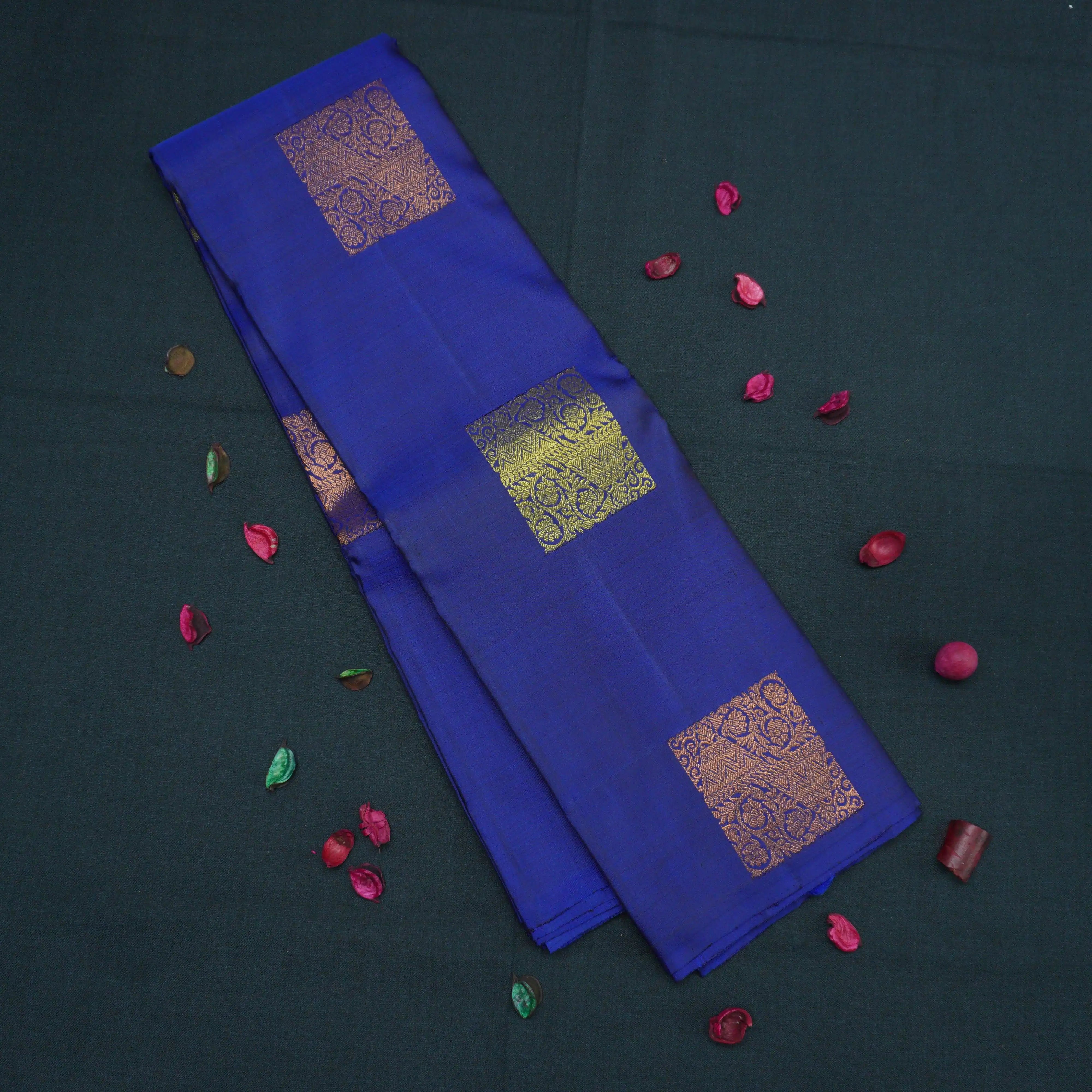 Deep Blue Borderless Kanchipuram Silk Saree with Gold and Copper Motifs
