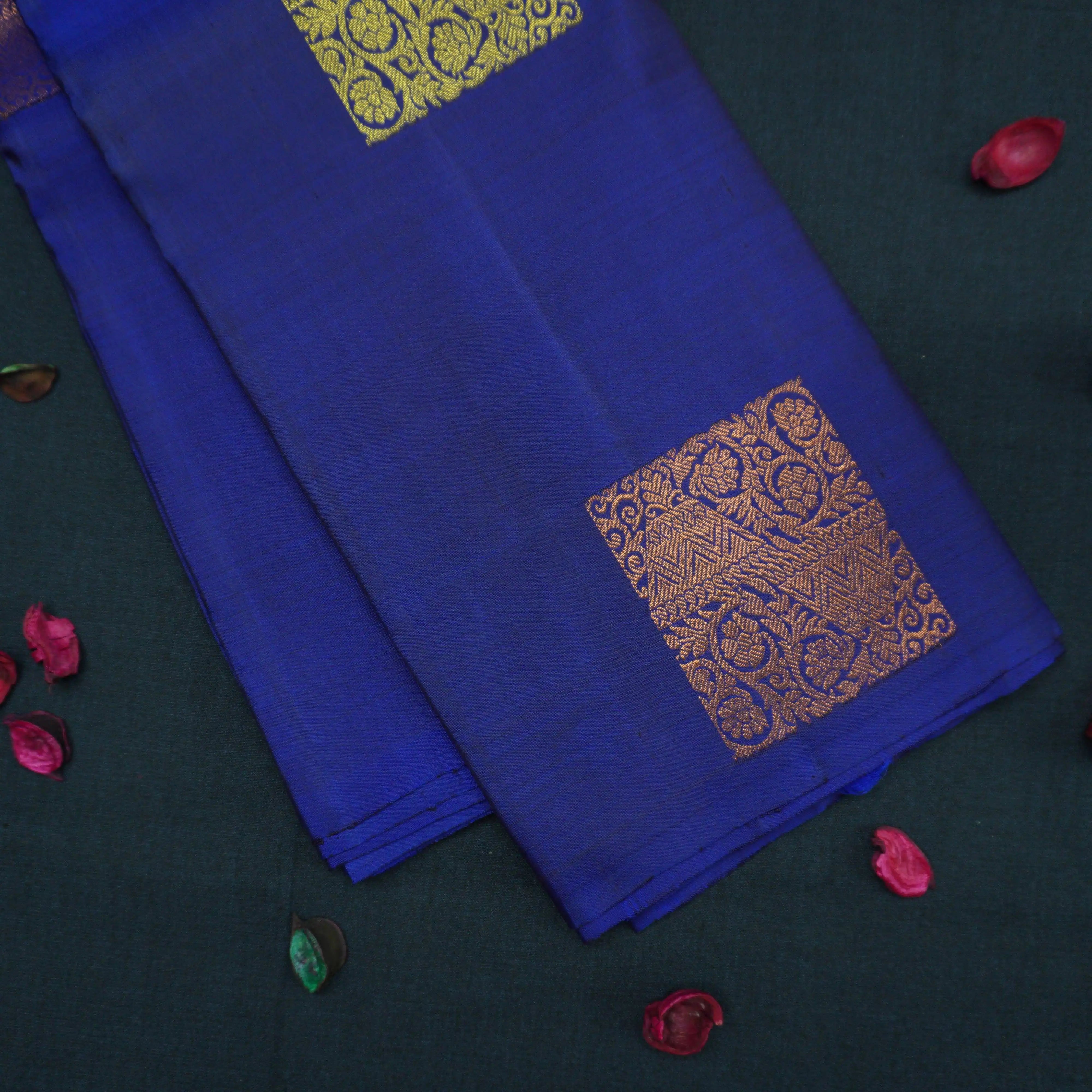 Deep Blue Borderless Kanchipuram Silk Saree with Gold and Copper Motifs
