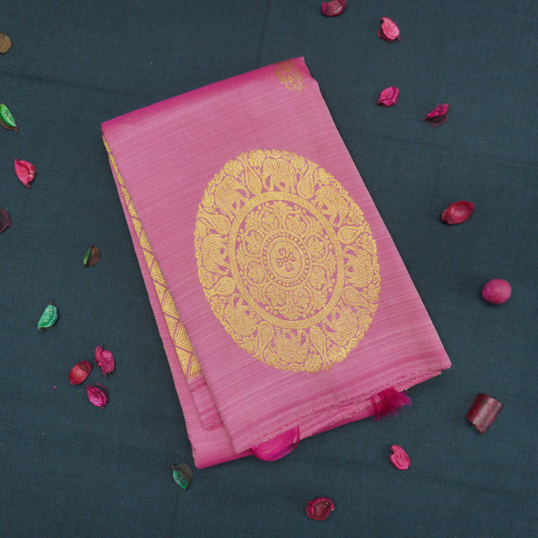 Pink Borderless Kanchipuram Silk Saree with Floral & Paisley Motifs
