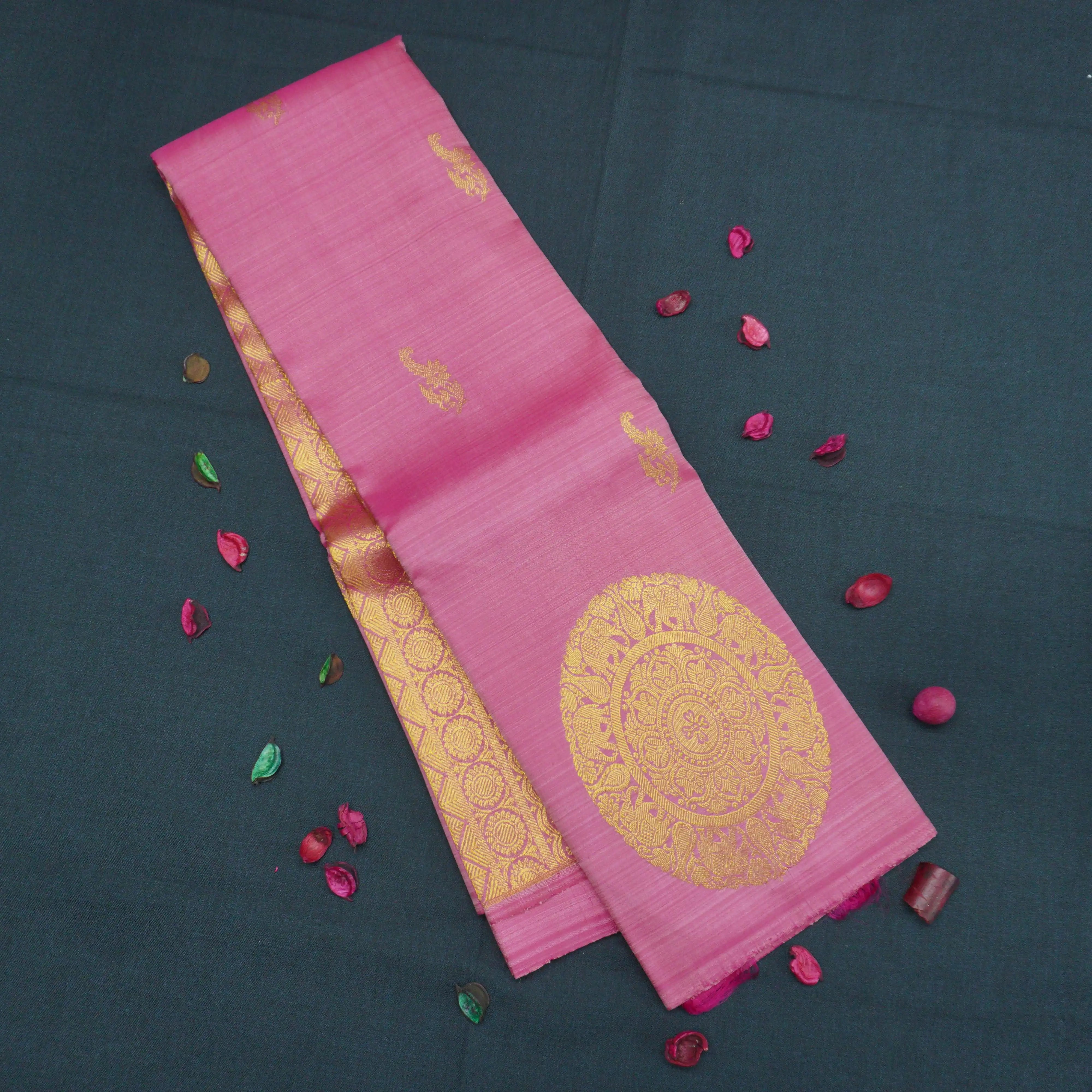 Pink Borderless Kanchipuram Silk Saree with Floral & Paisley Motifs
