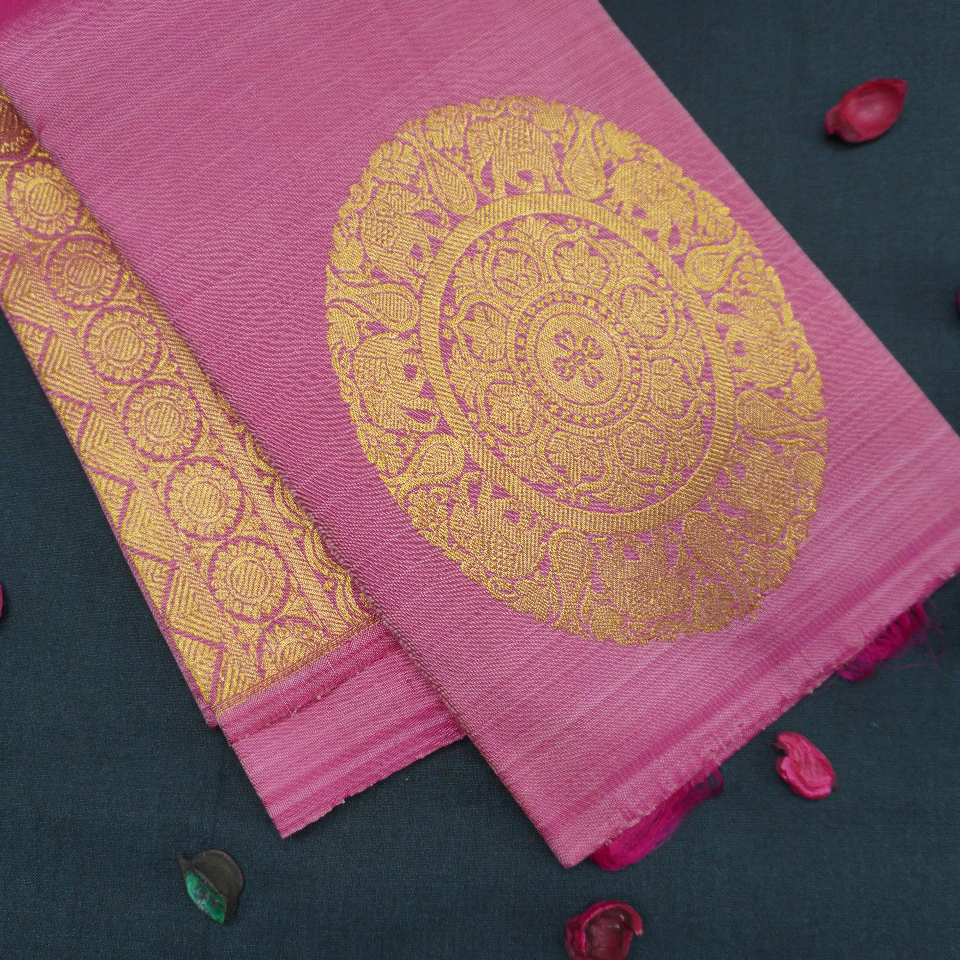 Pink Borderless Kanchipuram Silk Saree with Floral & Paisley Motifs
