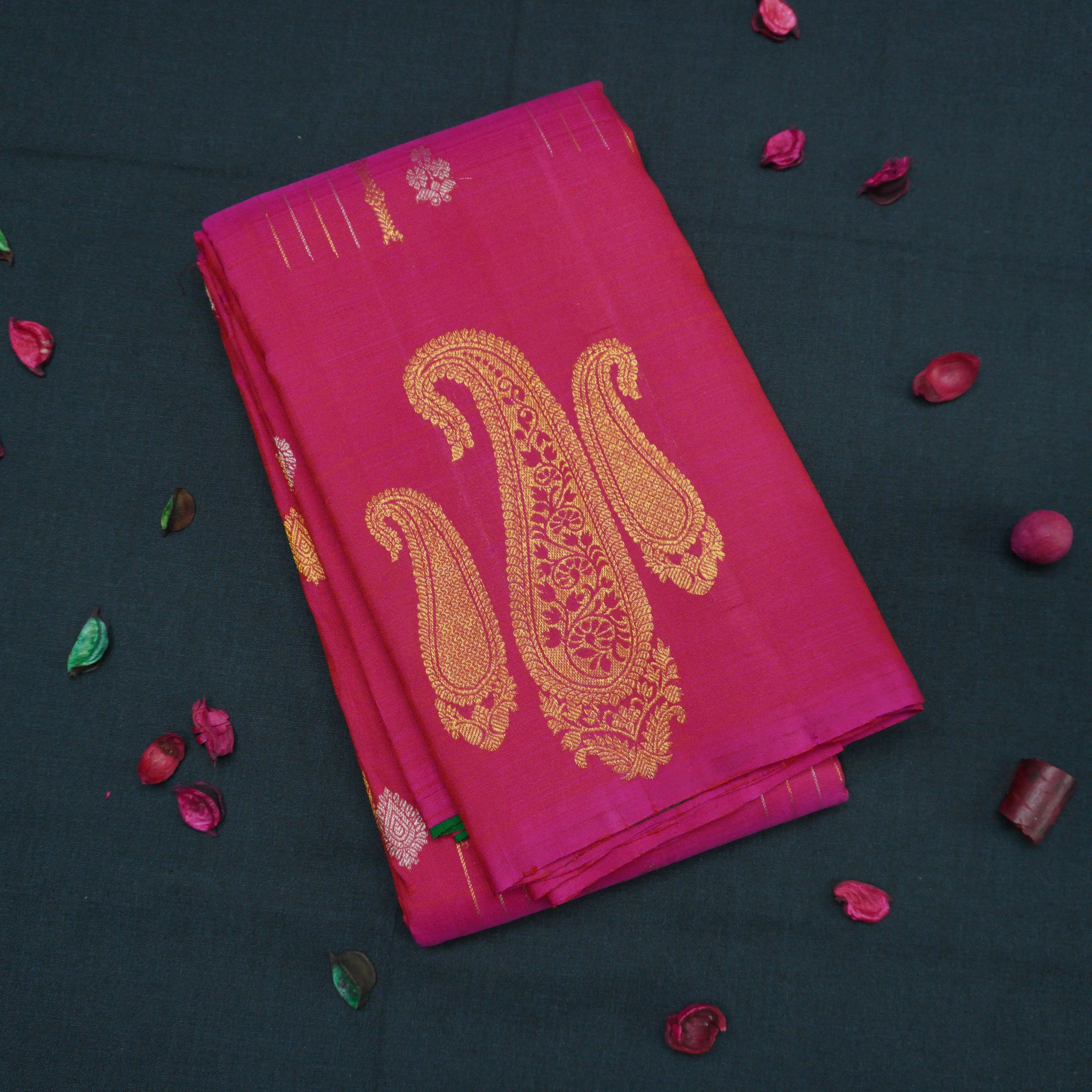 Hot Pink High Fancy Kanchipuram Silk Saree with Paisley Motifs
