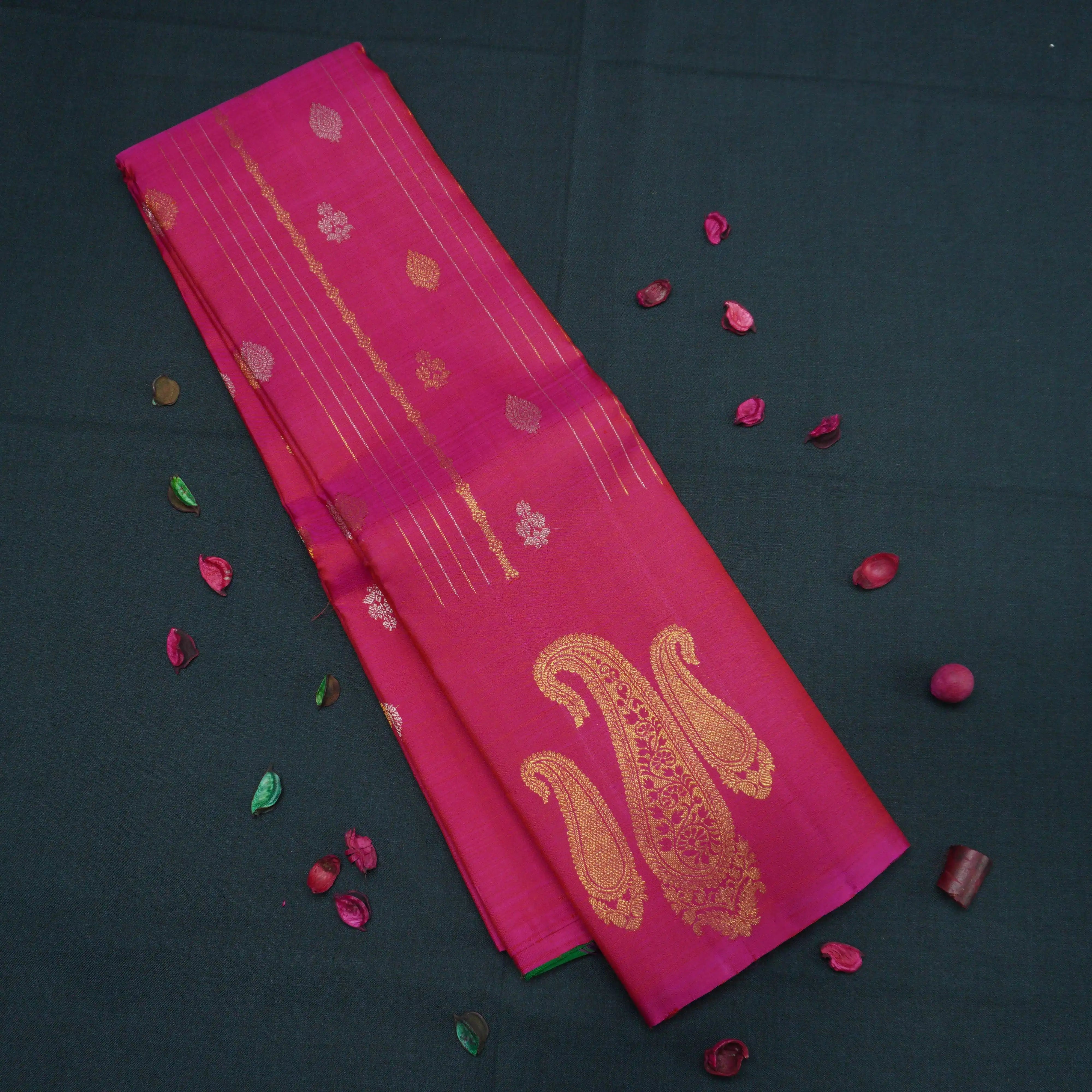 Hot Pink High Fancy Kanchipuram Silk Saree with Paisley Motifs
