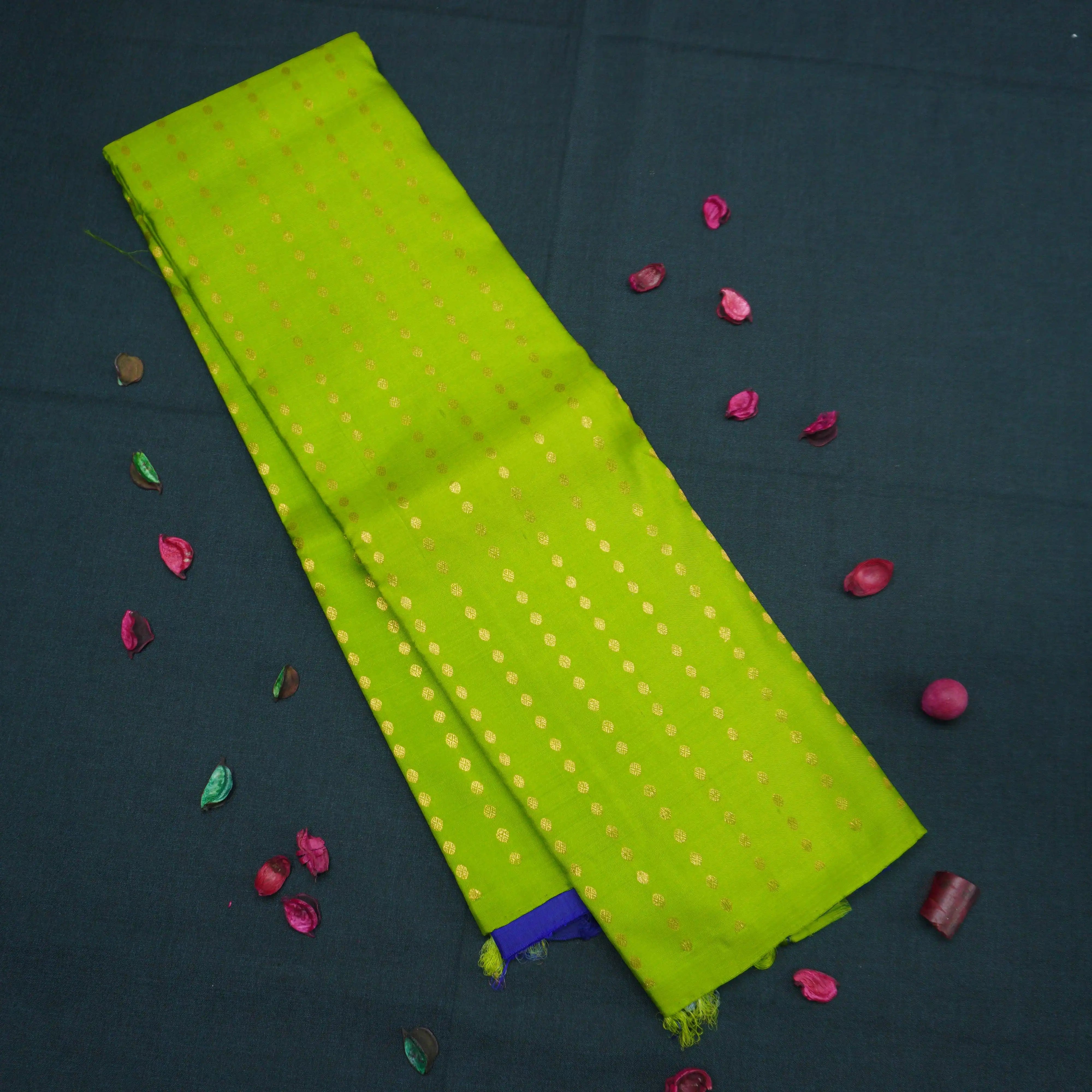 Lime Green Kanchipuram Silk Saree with Gold Zari Coin Design
