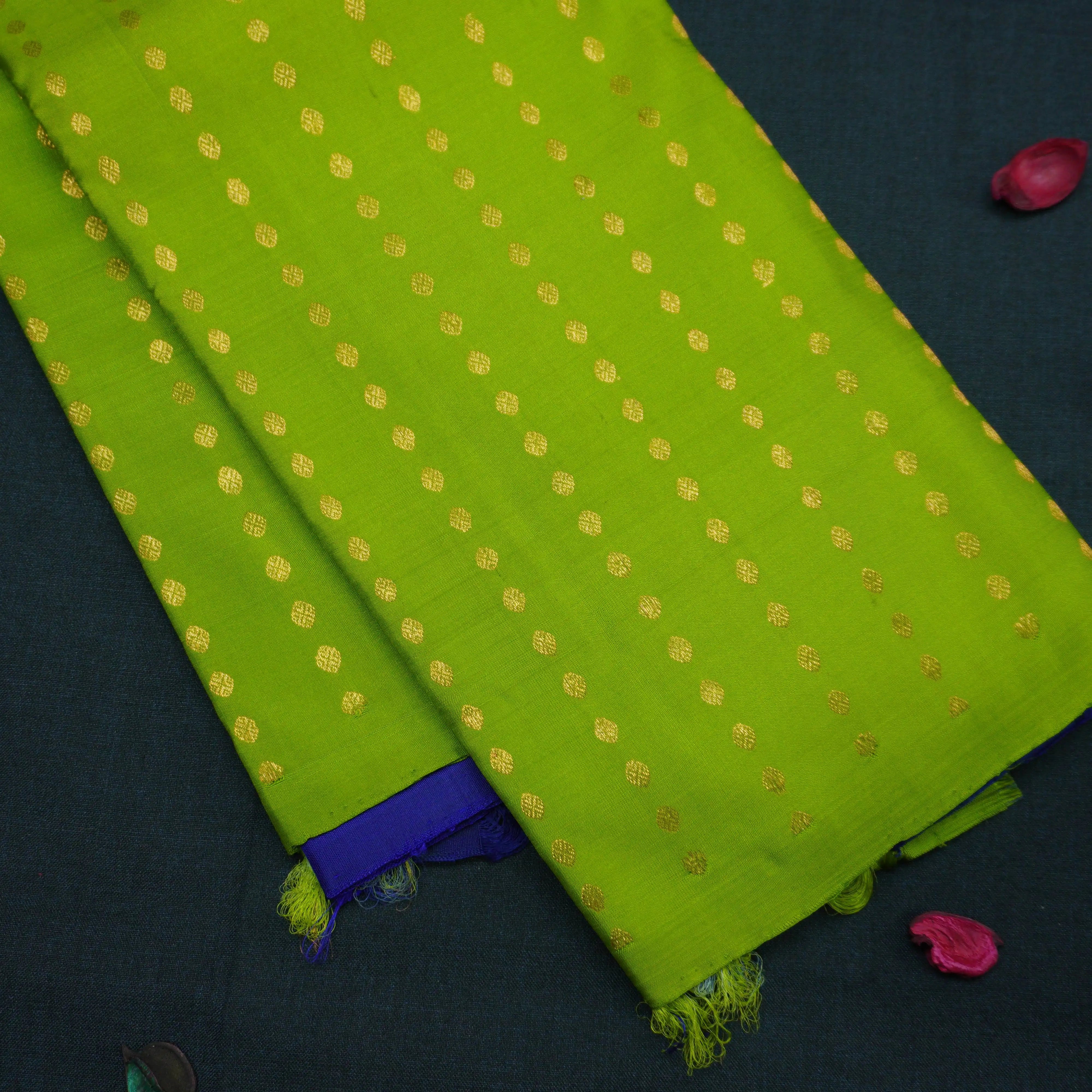 Lime Green Kanchipuram Silk Saree with Gold Zari Coin Design
