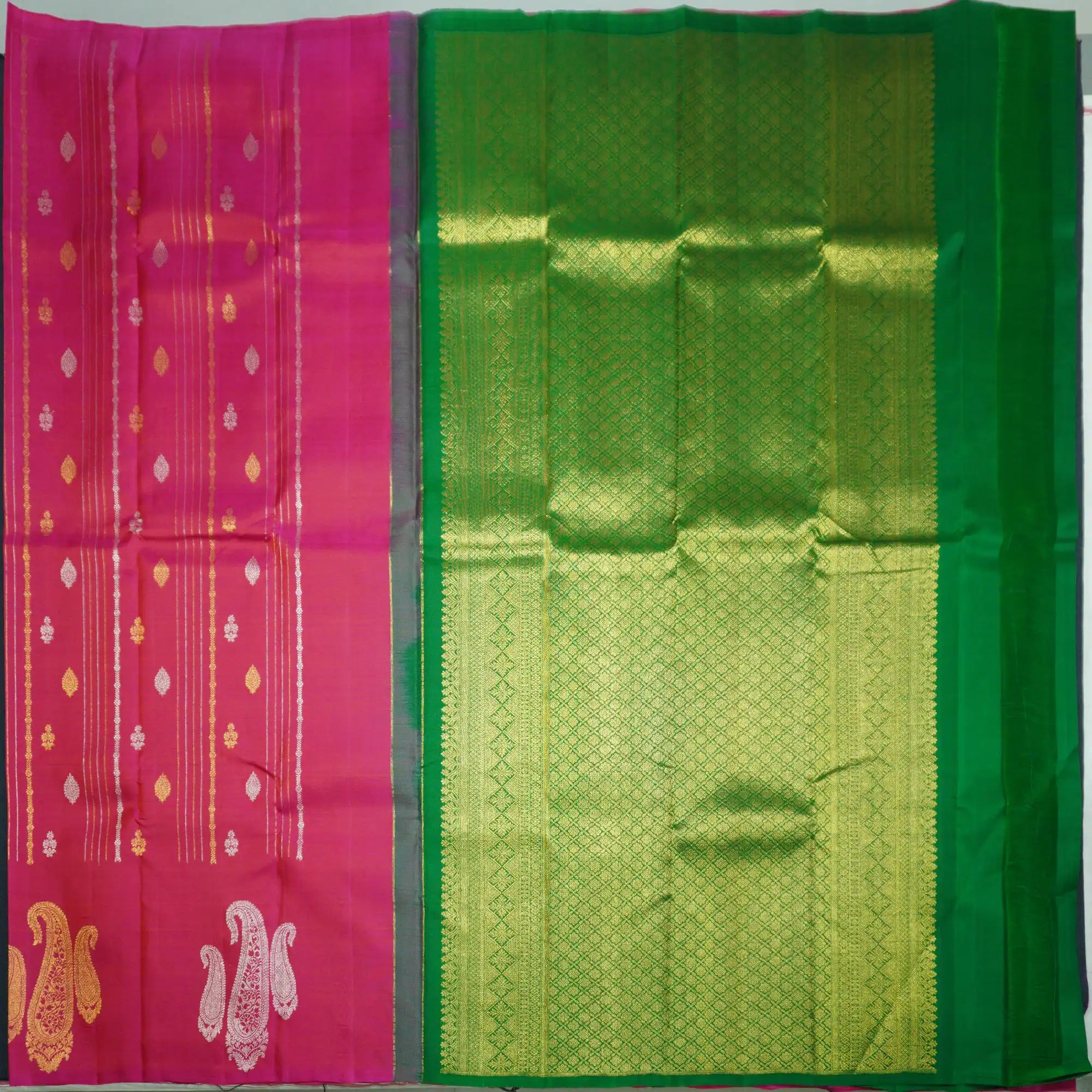 Hot Pink High Fancy Kanchipuram Silk Saree with Paisley Motifs
