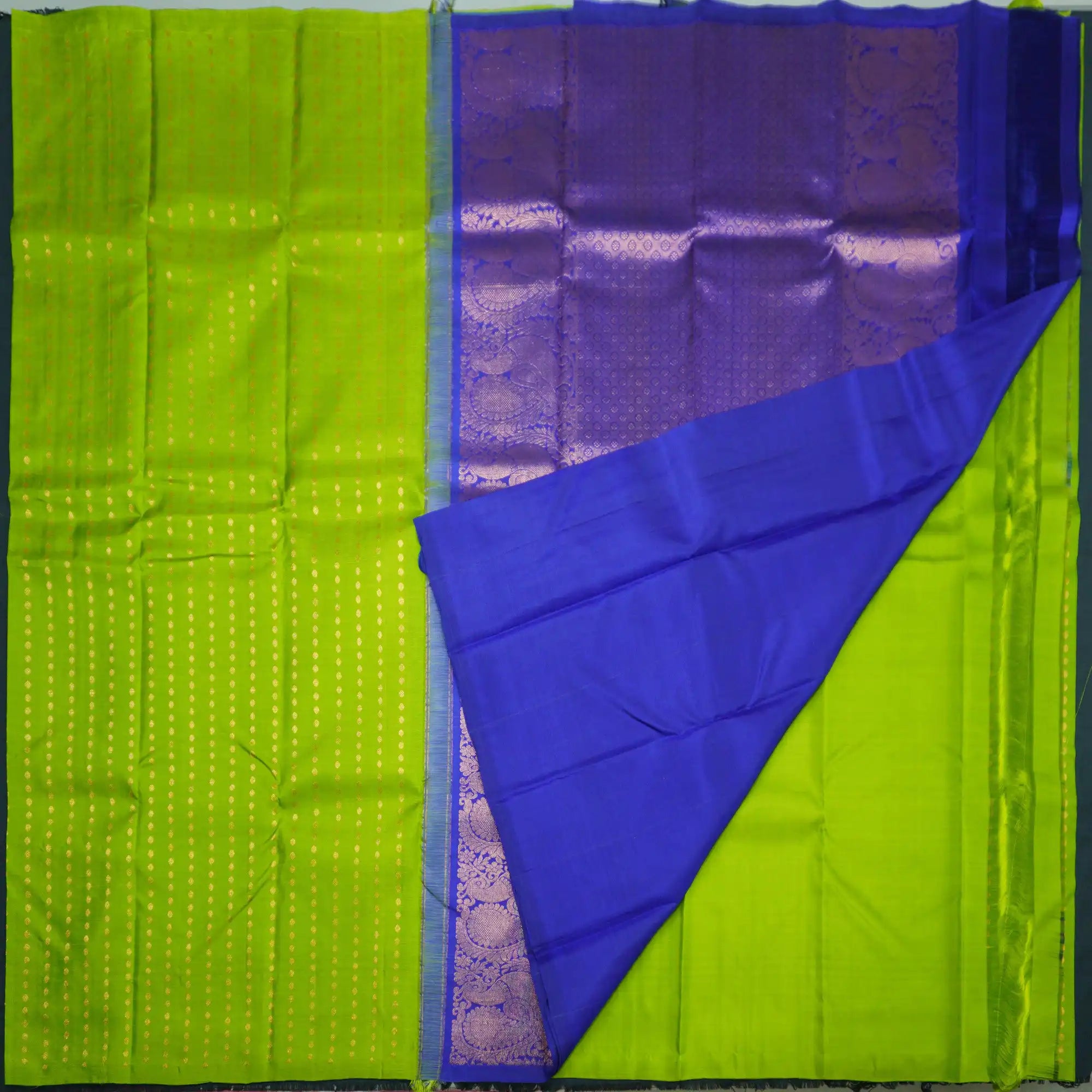 Lime Green Kanchipuram Silk Saree with Gold Zari Coin Design
