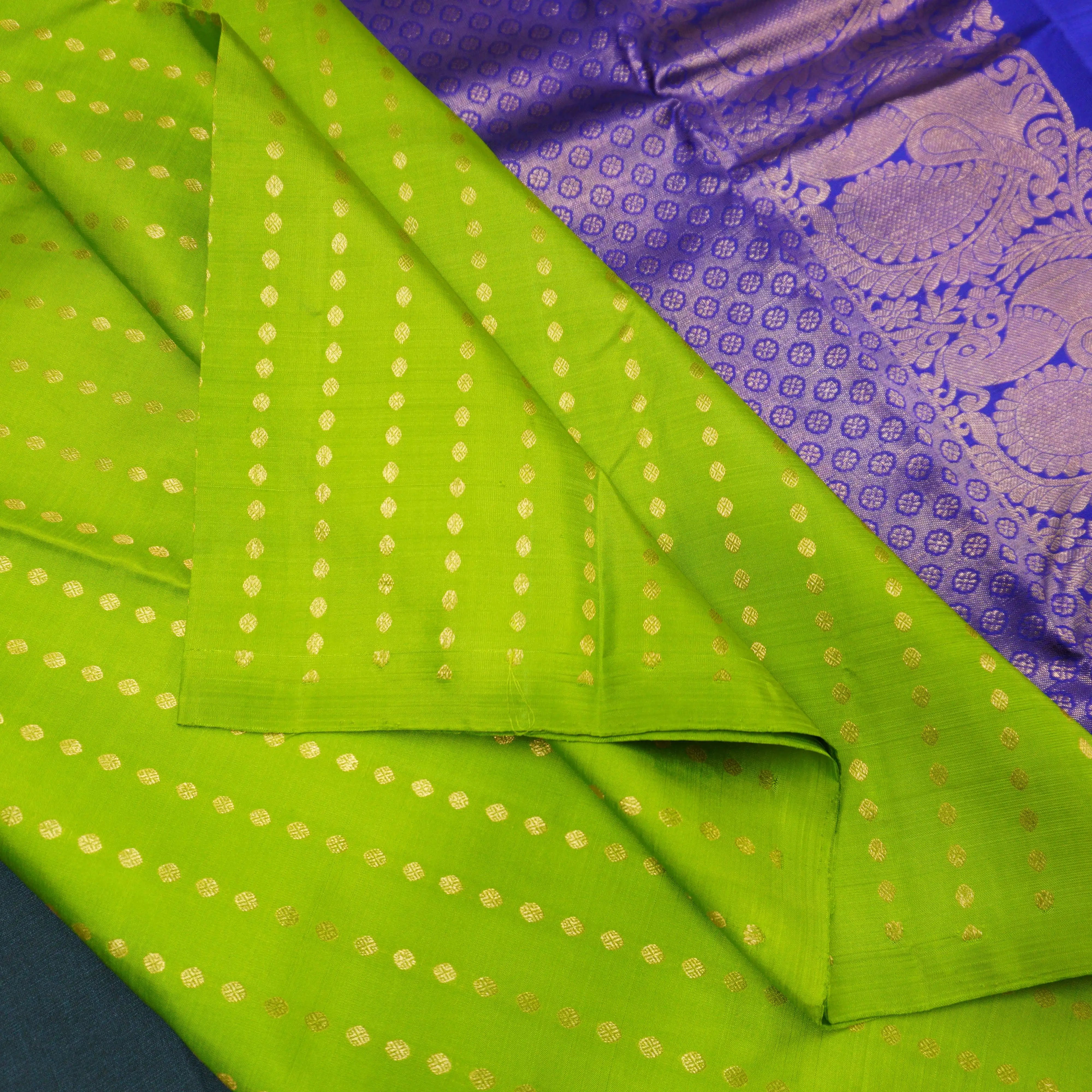 Lime Green Kanchipuram Silk Saree with Gold Zari Coin Design
