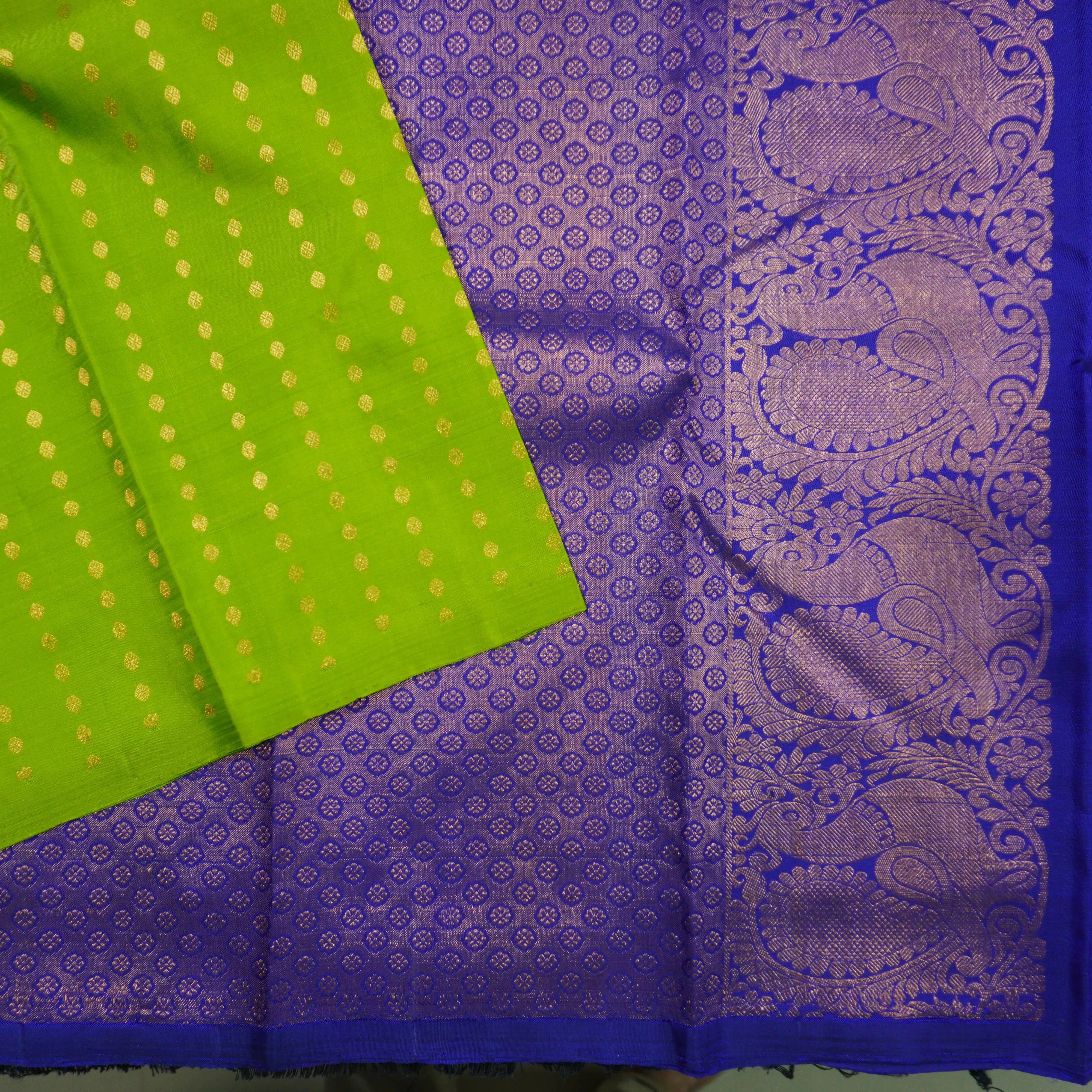 Lime Green Kanchipuram Silk Saree with Gold Zari Coin Design
