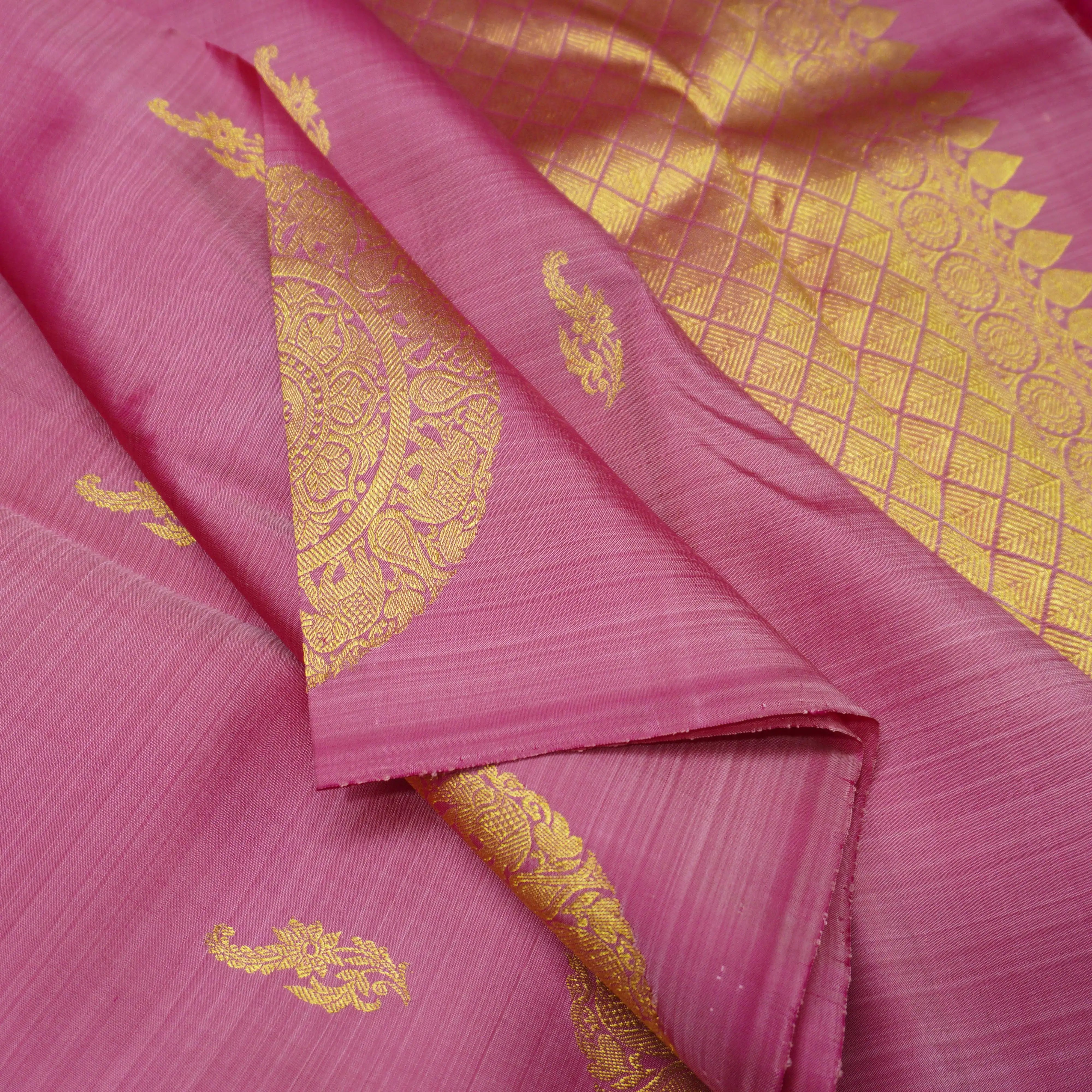 Pink Borderless Kanchipuram Silk Saree with Floral & Paisley Motifs
