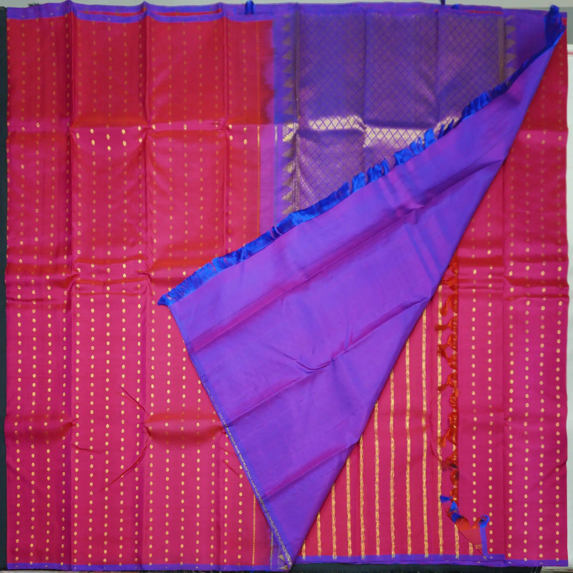 Hot Pink Borderless Kanchipuram Silk Saree with Gold Zari Kamalam Design
