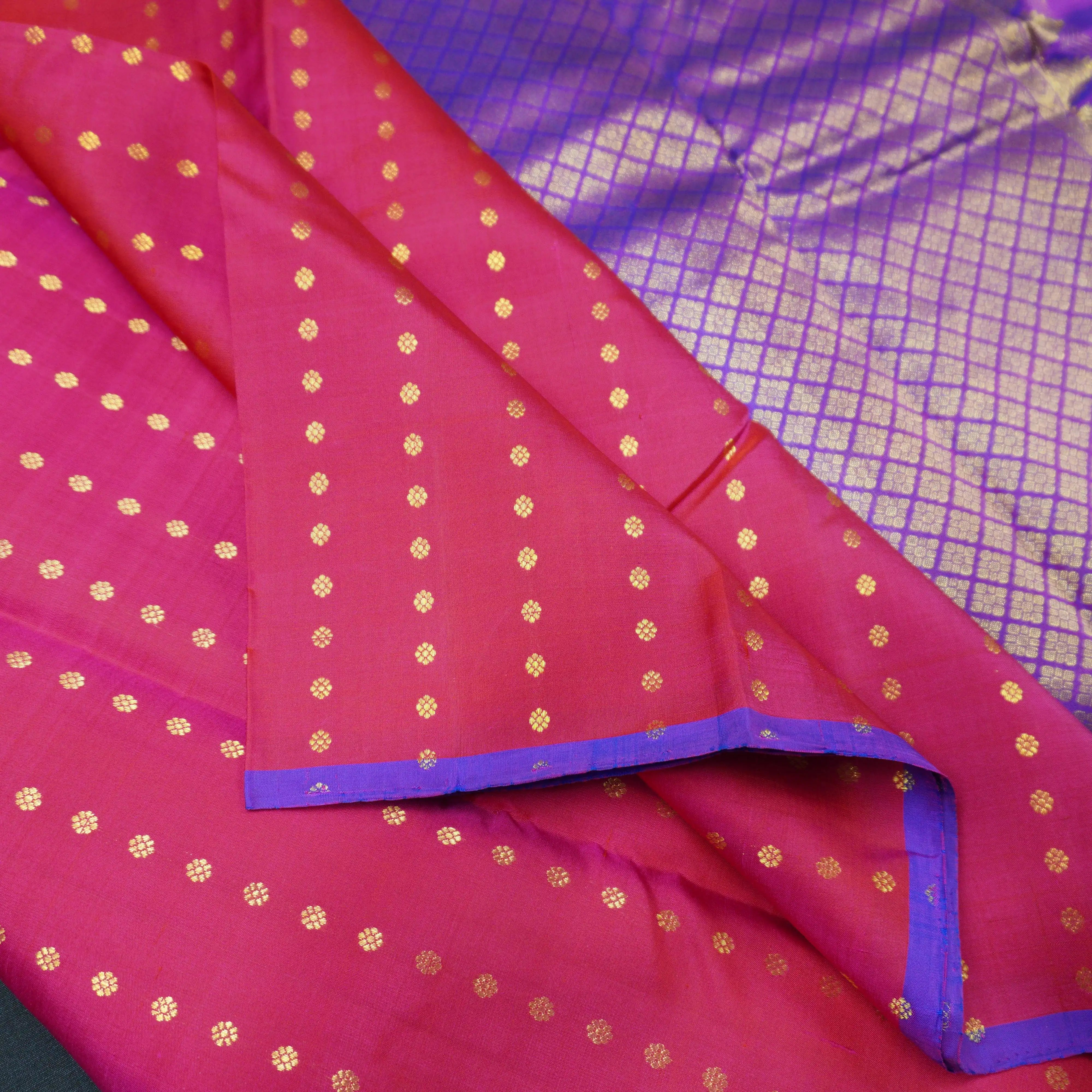 Hot Pink Borderless Kanchipuram Silk Saree with Gold Zari Kamalam Design
