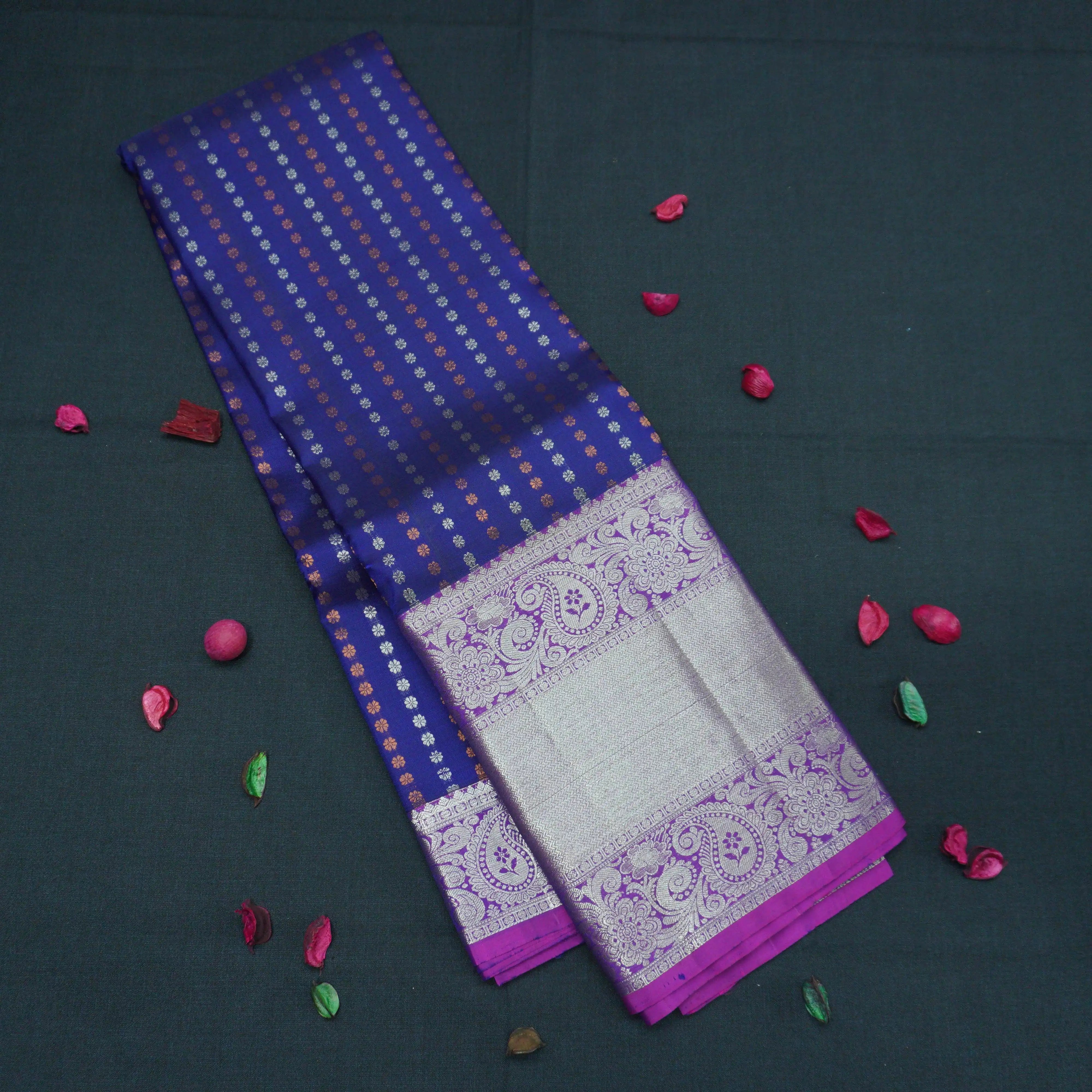 Navy Blue Handloom Silk Saree with Zari Brocade and Paisley Border
