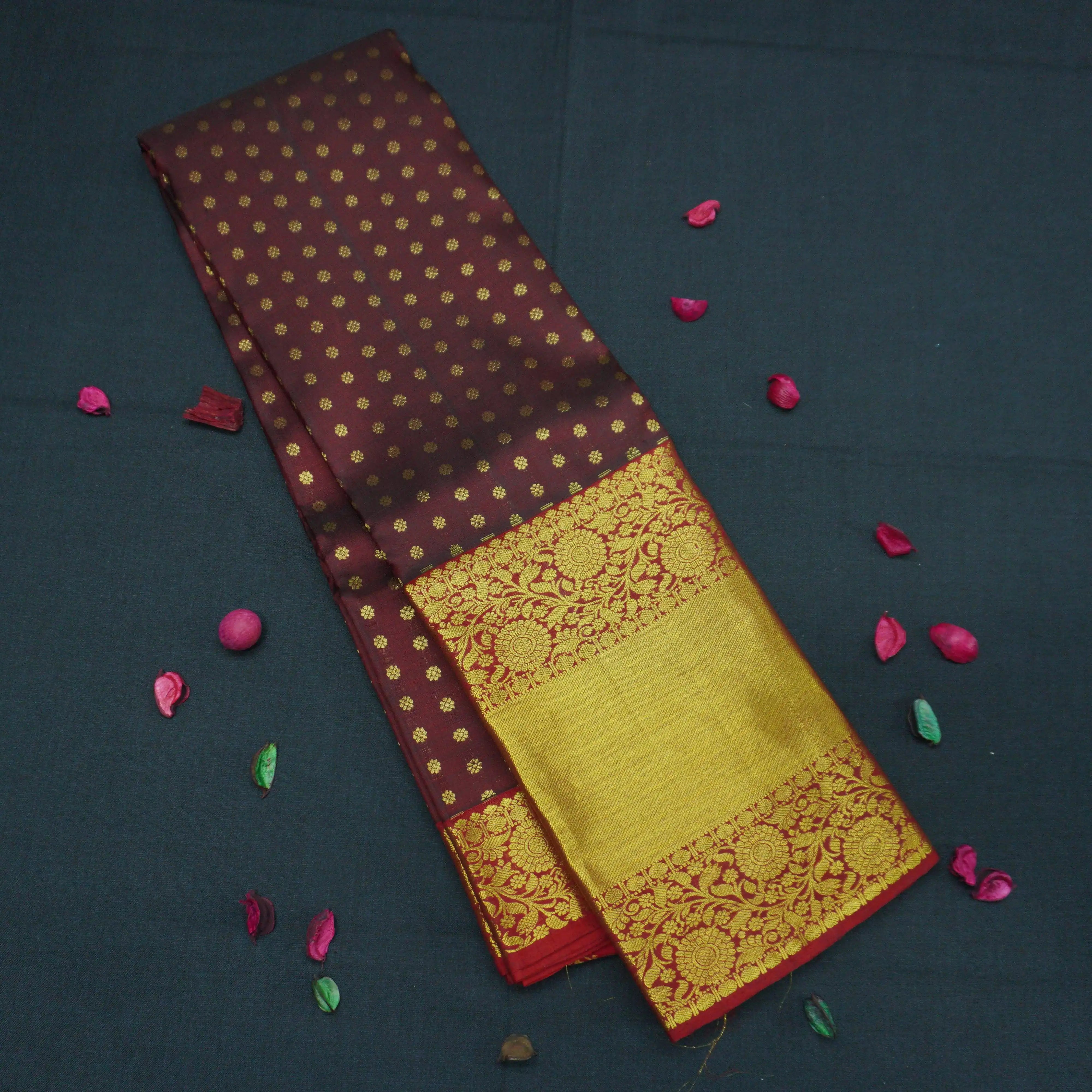 Deep Brown Kanchipuram Silk Saree with Traditional Zari Brocade
