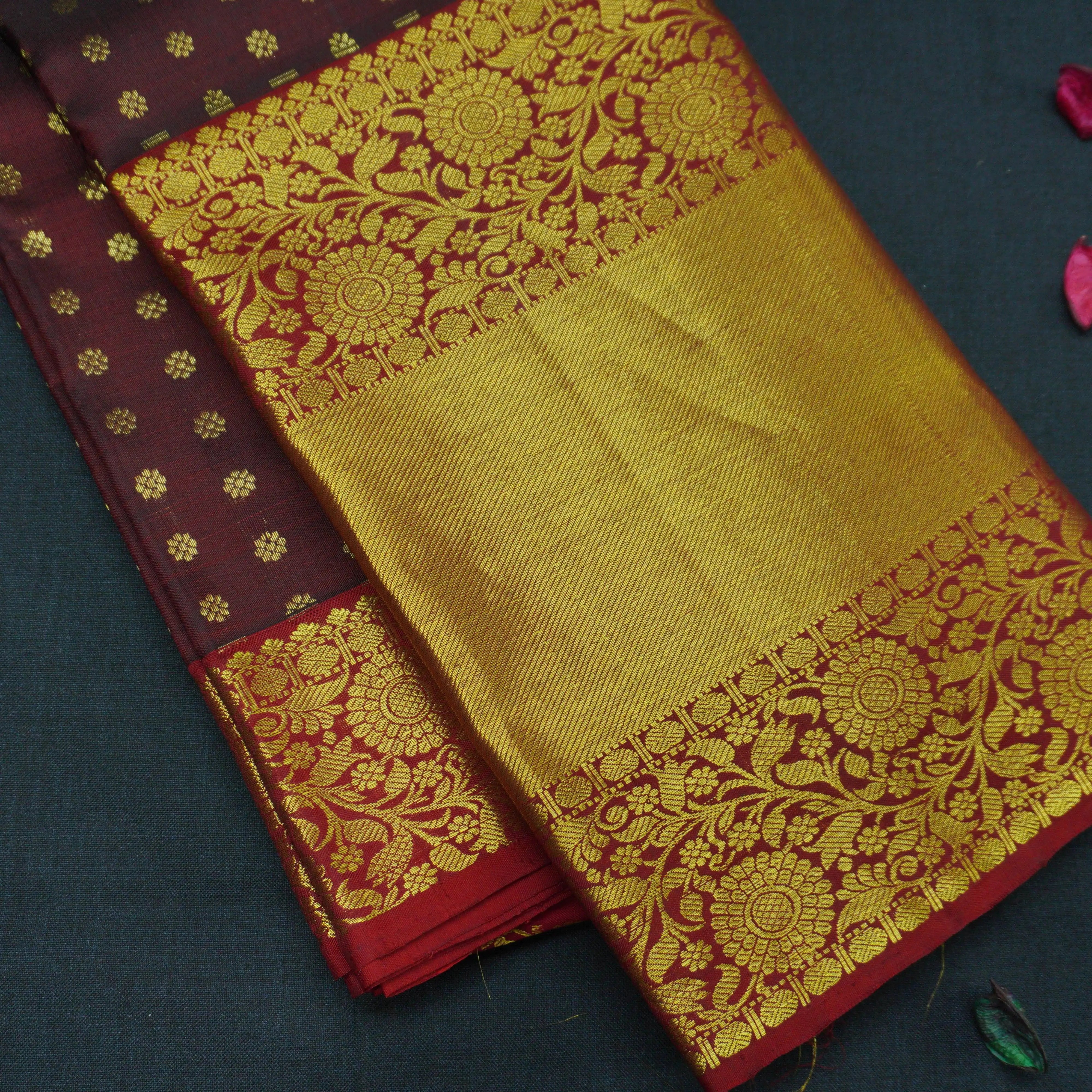 Deep Brown Kanchipuram Silk Saree with Traditional Zari Brocade
