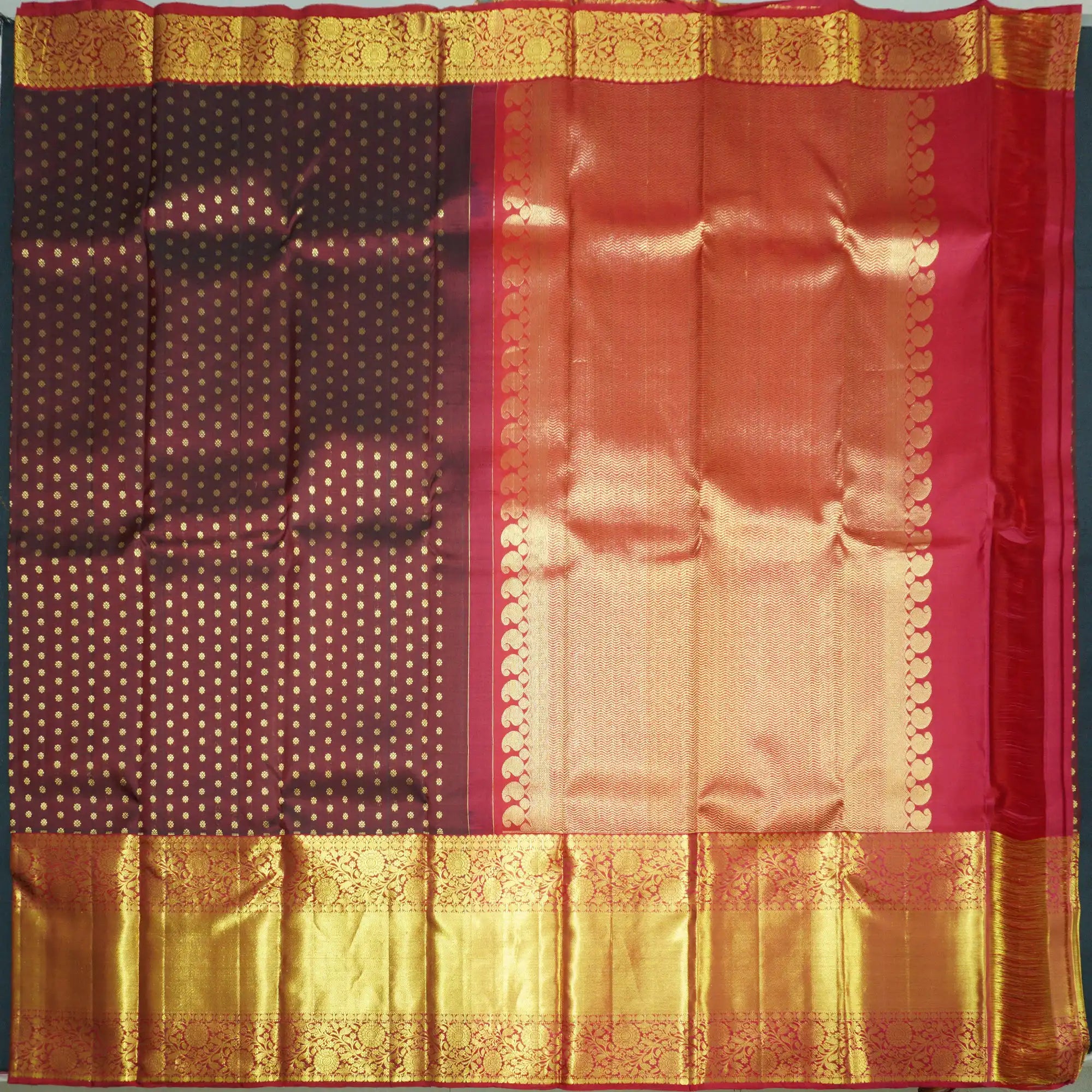 Deep Brown Kanchipuram Silk Saree with Traditional Zari Brocade
