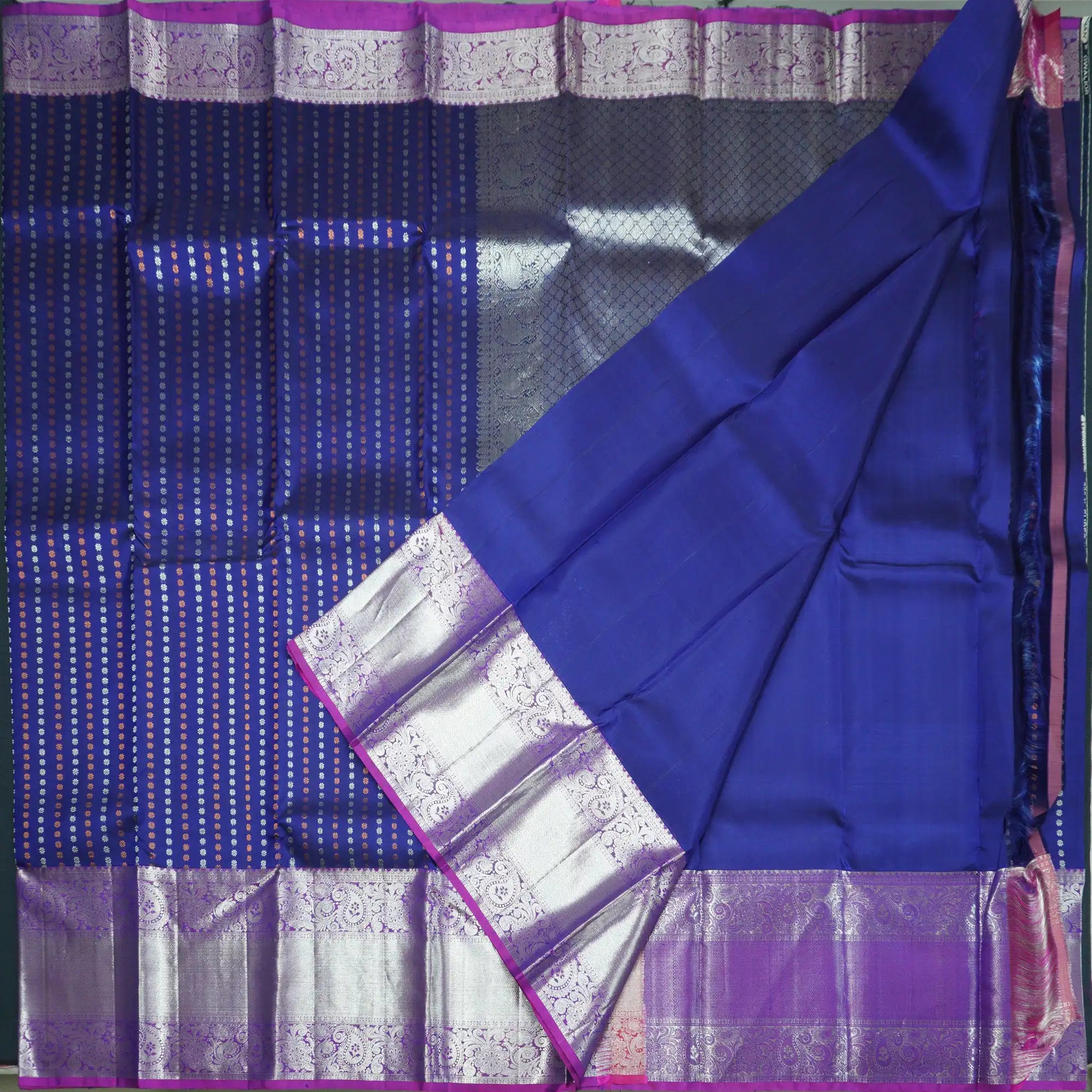 Navy Blue Handloom Silk Saree with Zari Brocade and Paisley Border
