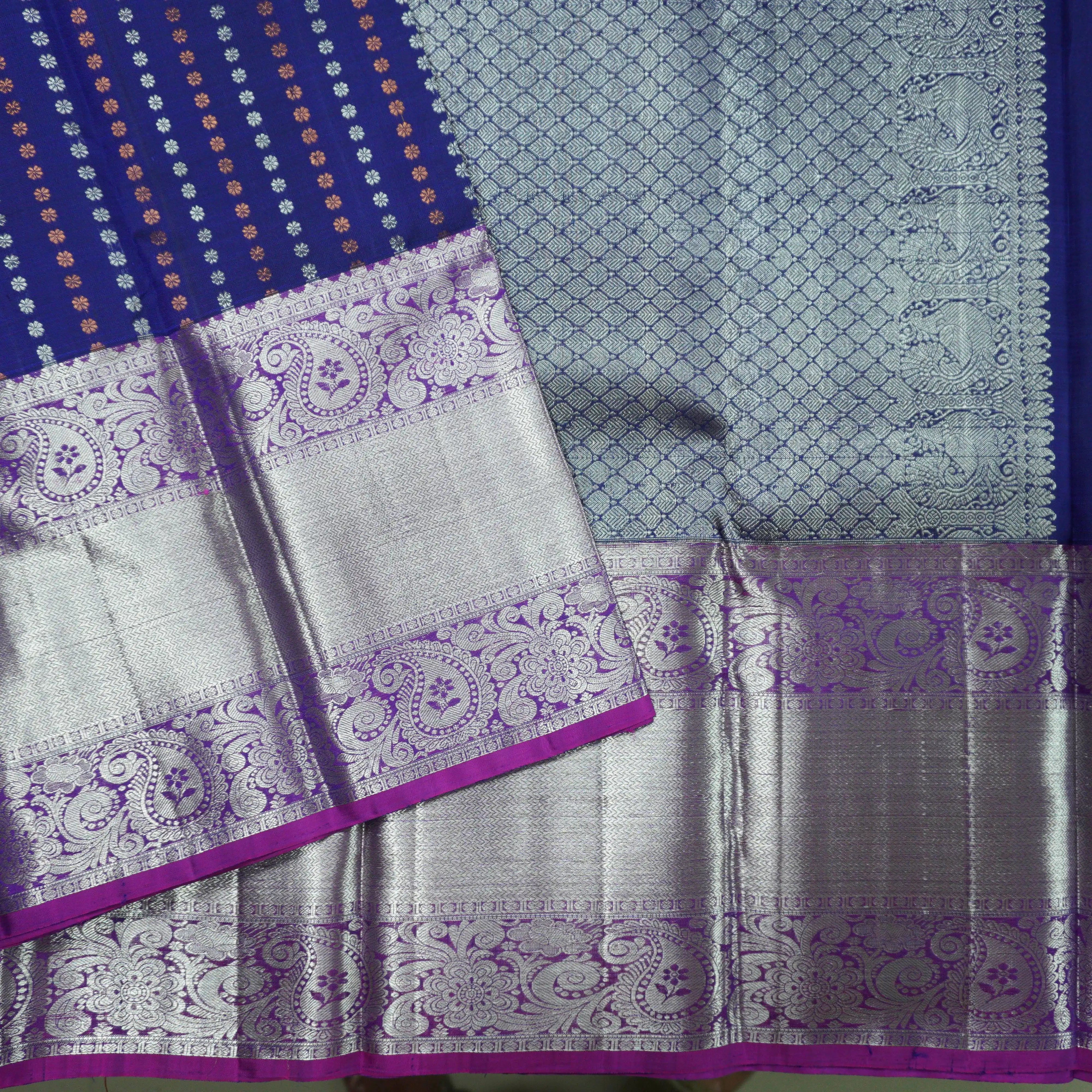 Navy Blue Handloom Silk Saree with Zari Brocade and Paisley Border
