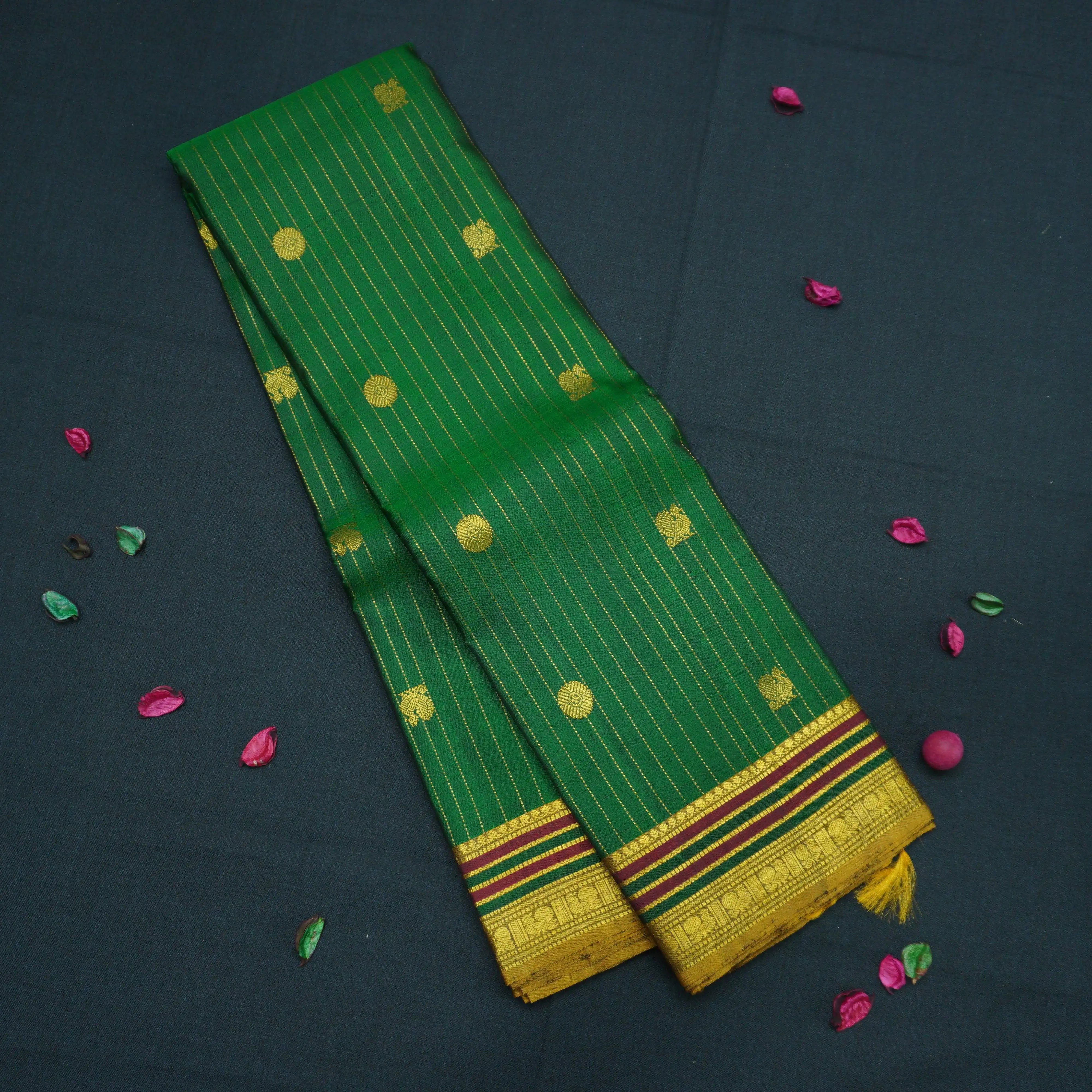 Green Kanchipuram Silk Saree with Zari Butta and Multi-Color Threadwork Border