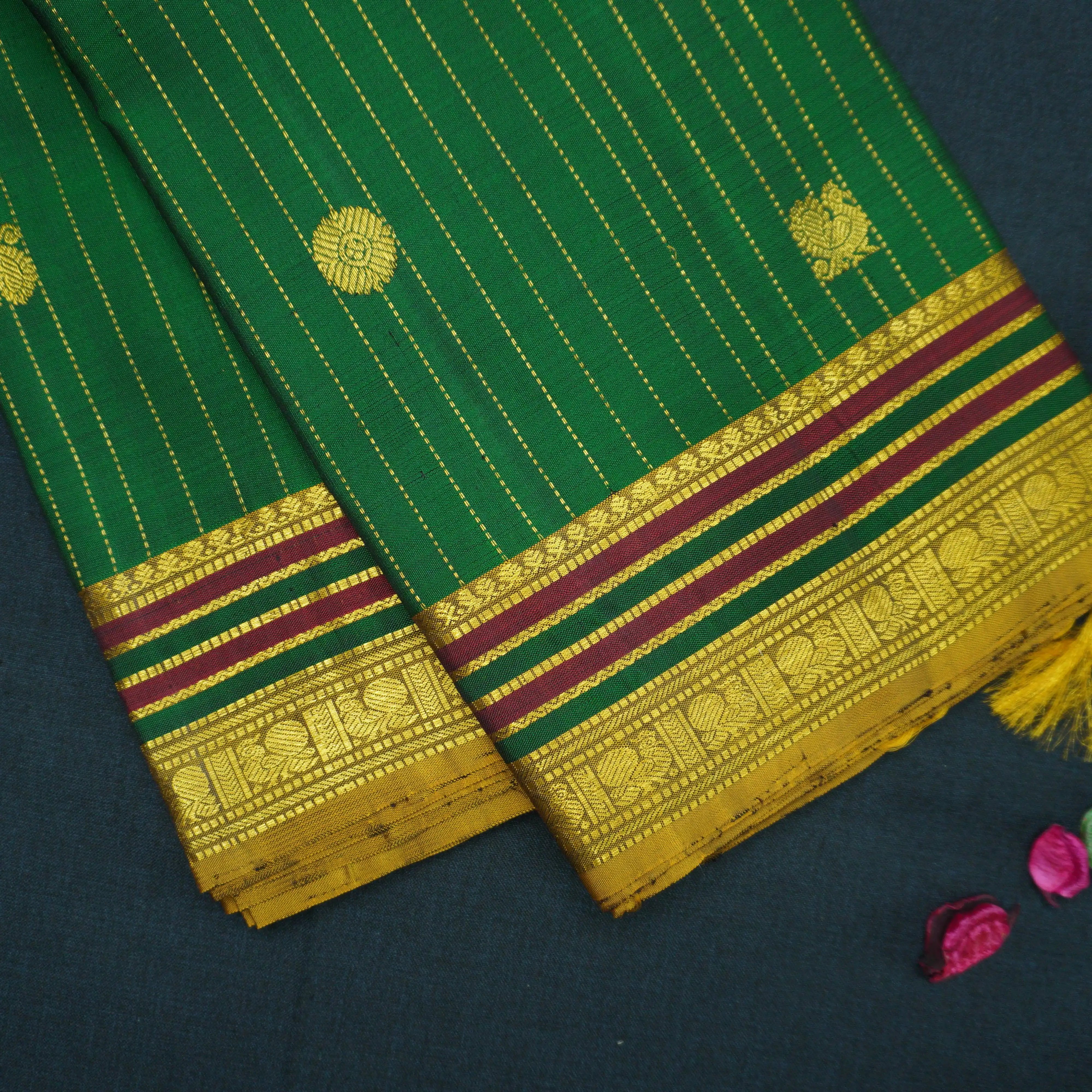 Green Kanchipuram Silk Saree with Zari Butta and Multi-Color Threadwork Border