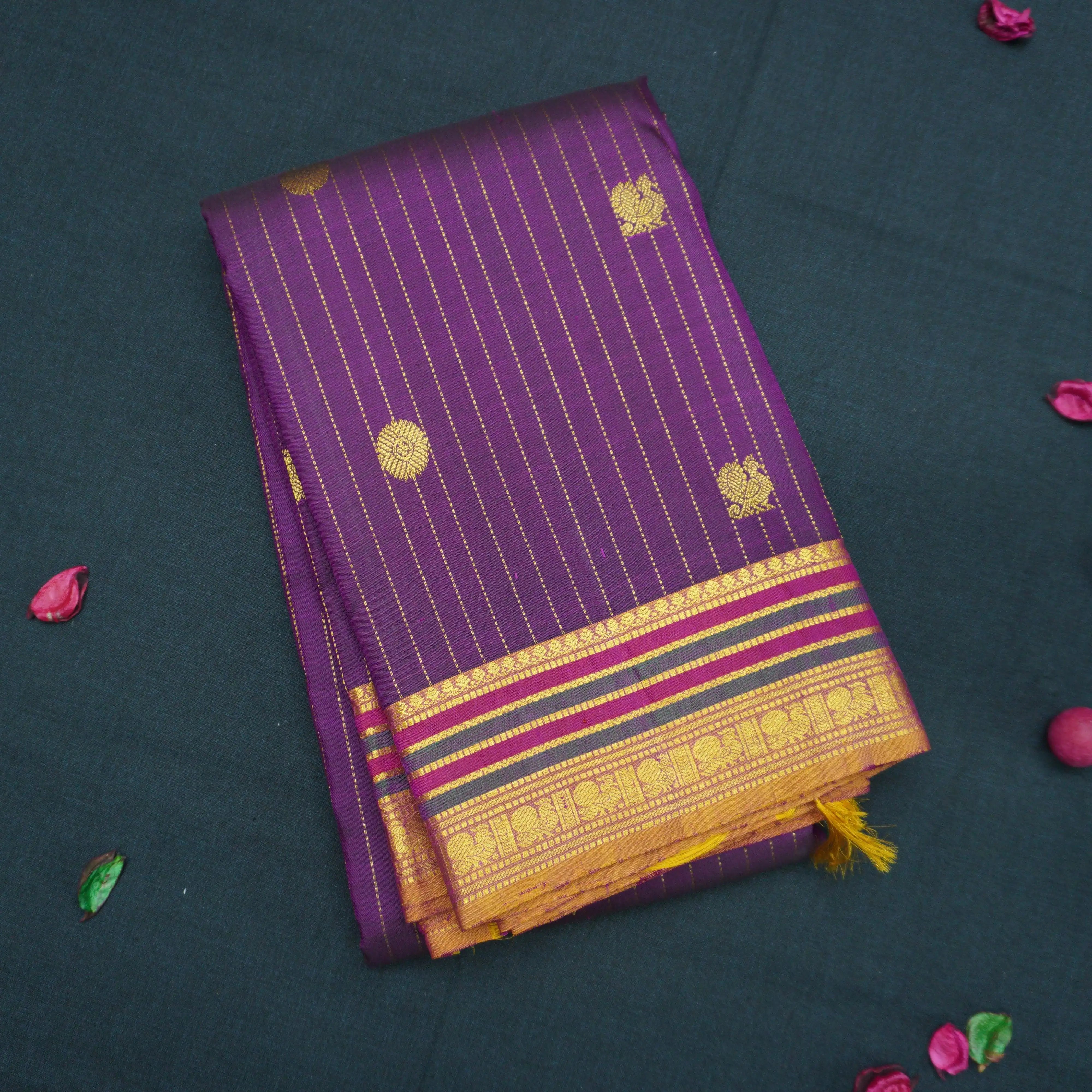 Jamun Kanchipuram Silk Saree with Zari Butta and Fenugreek Threadwork Border