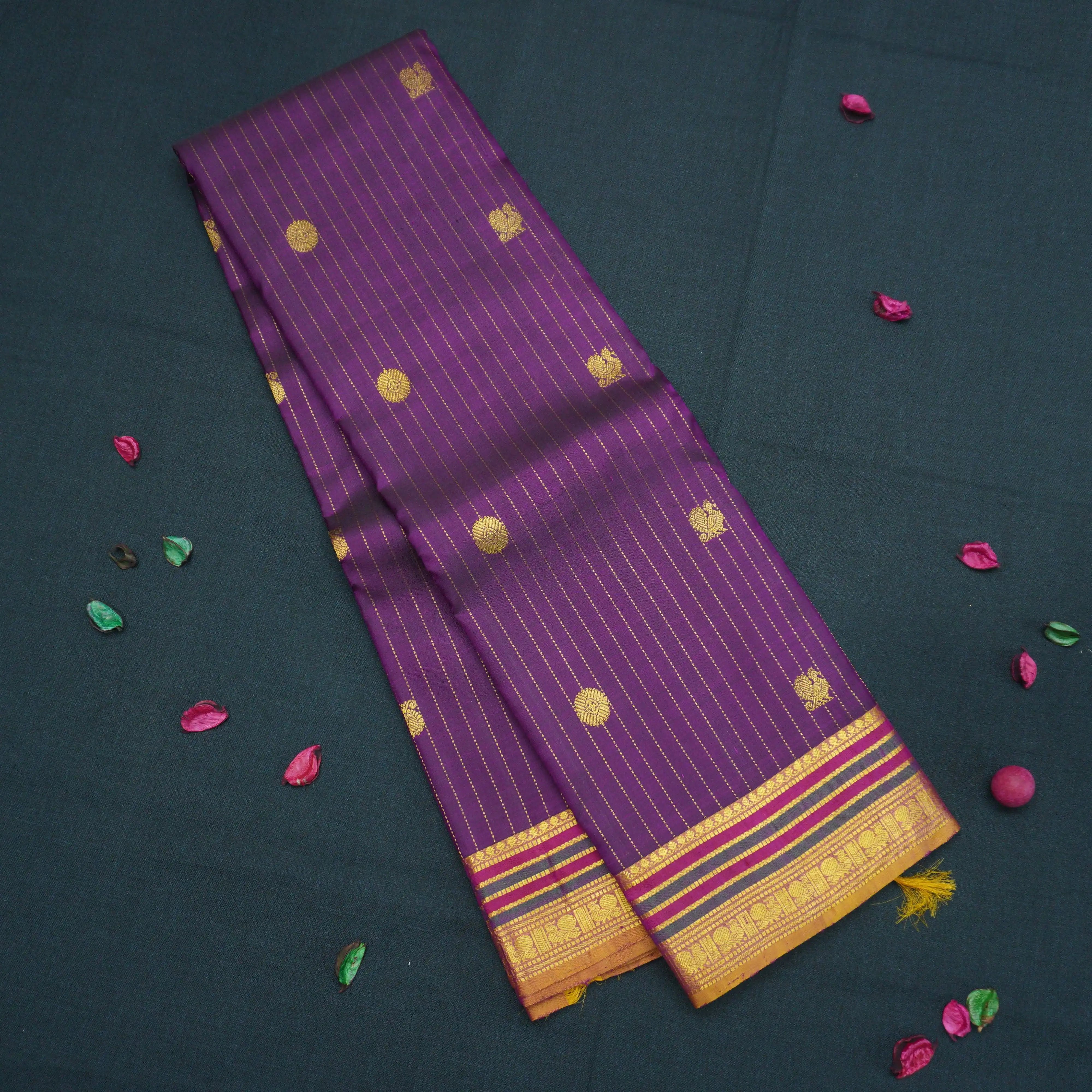 Jamun Kanchipuram Silk Saree with Zari Butta and Fenugreek Threadwork Border