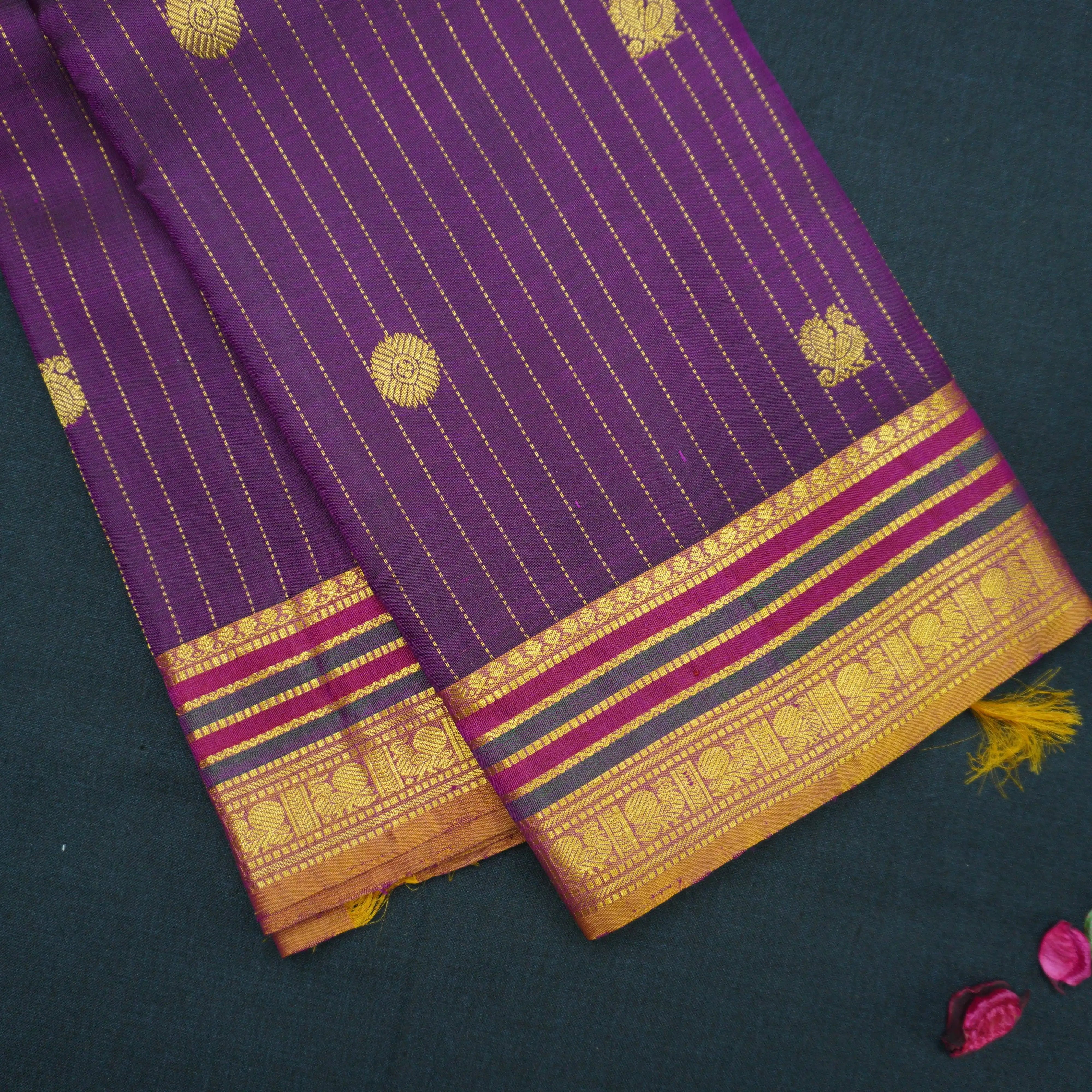 Jamun Kanchipuram Silk Saree with Zari Butta and Fenugreek Threadwork Border