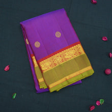 Load image into Gallery viewer, Purple Kanchipuram Silk Saree with Red and Olive Green Zari Border
