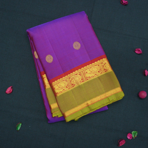 Purple Kanchipuram Silk Saree with Red and Olive Green Zari Border