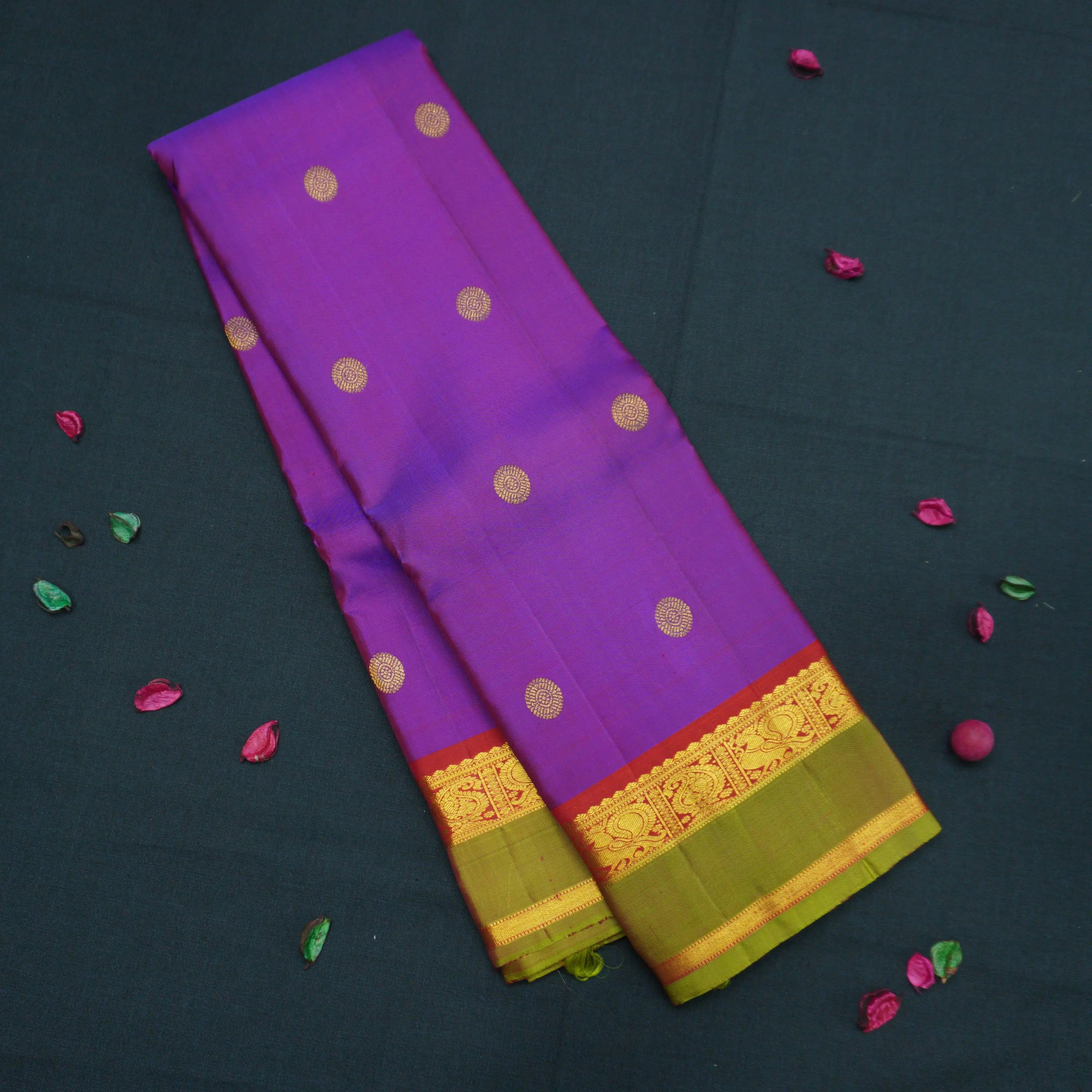 Purple Kanchipuram Silk Saree with Red and Olive Green Zari Border