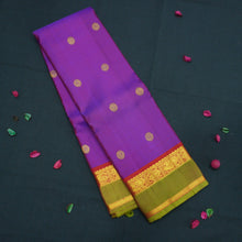 Load image into Gallery viewer, Purple Kanchipuram Silk Saree with Red and Olive Green Zari Border
