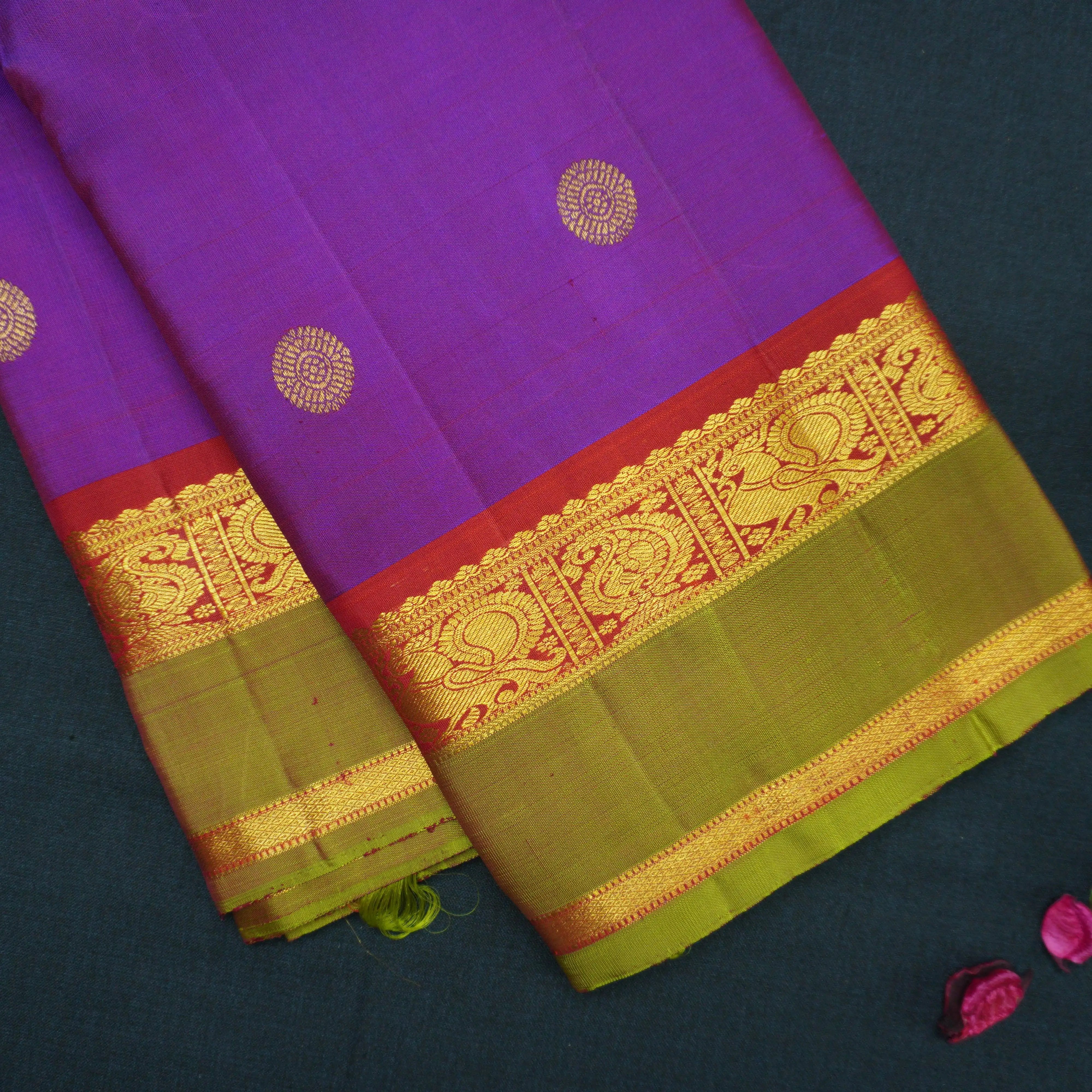 Purple Kanchipuram Silk Saree with Red and Olive Green Zari Border