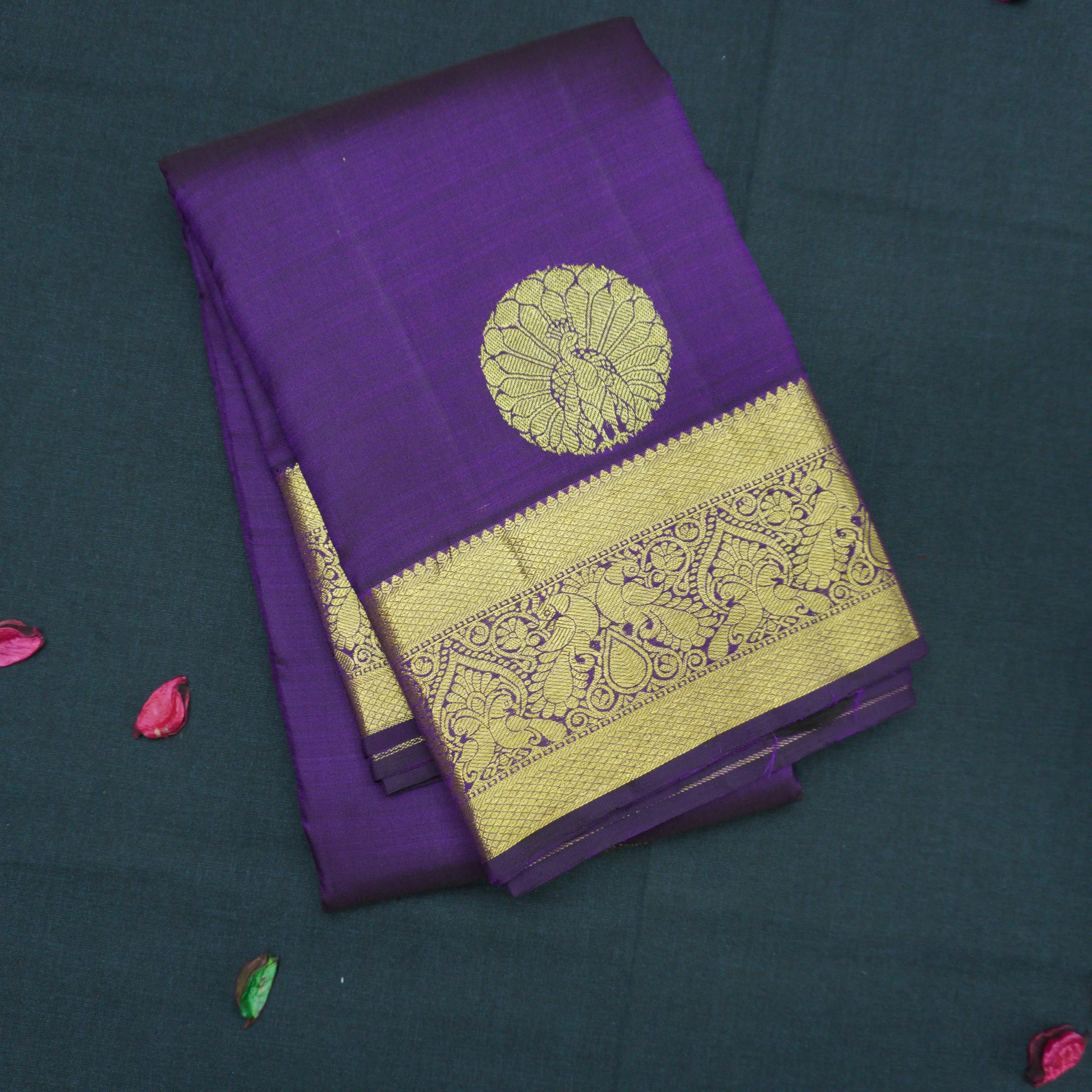 Handloom Kanchipuram Silk Saree in Navalpazham with Traditional Peacock Design