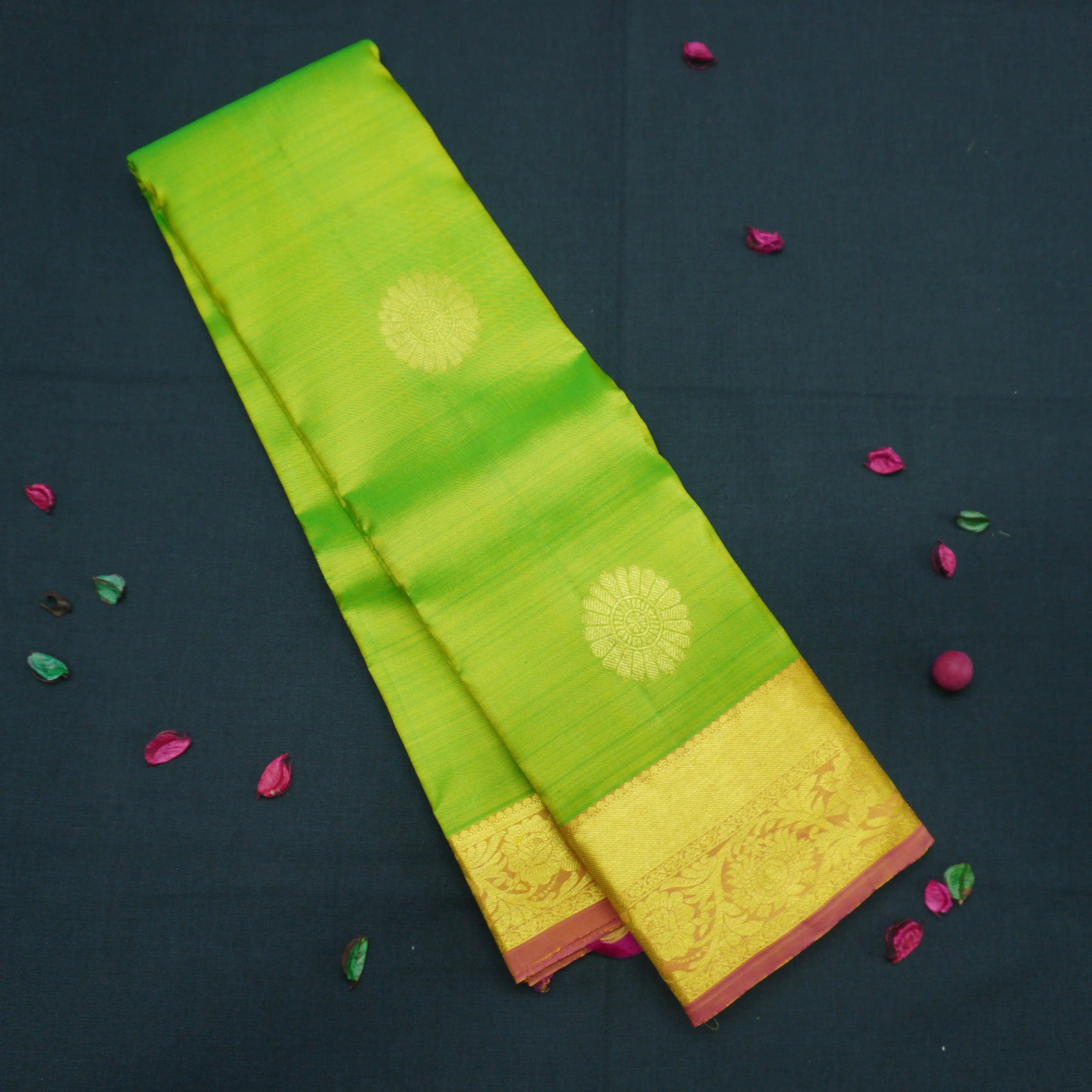 Lime Green Kanchipuram Silk Saree with Gold Zari Motifs and Blush Pink Border