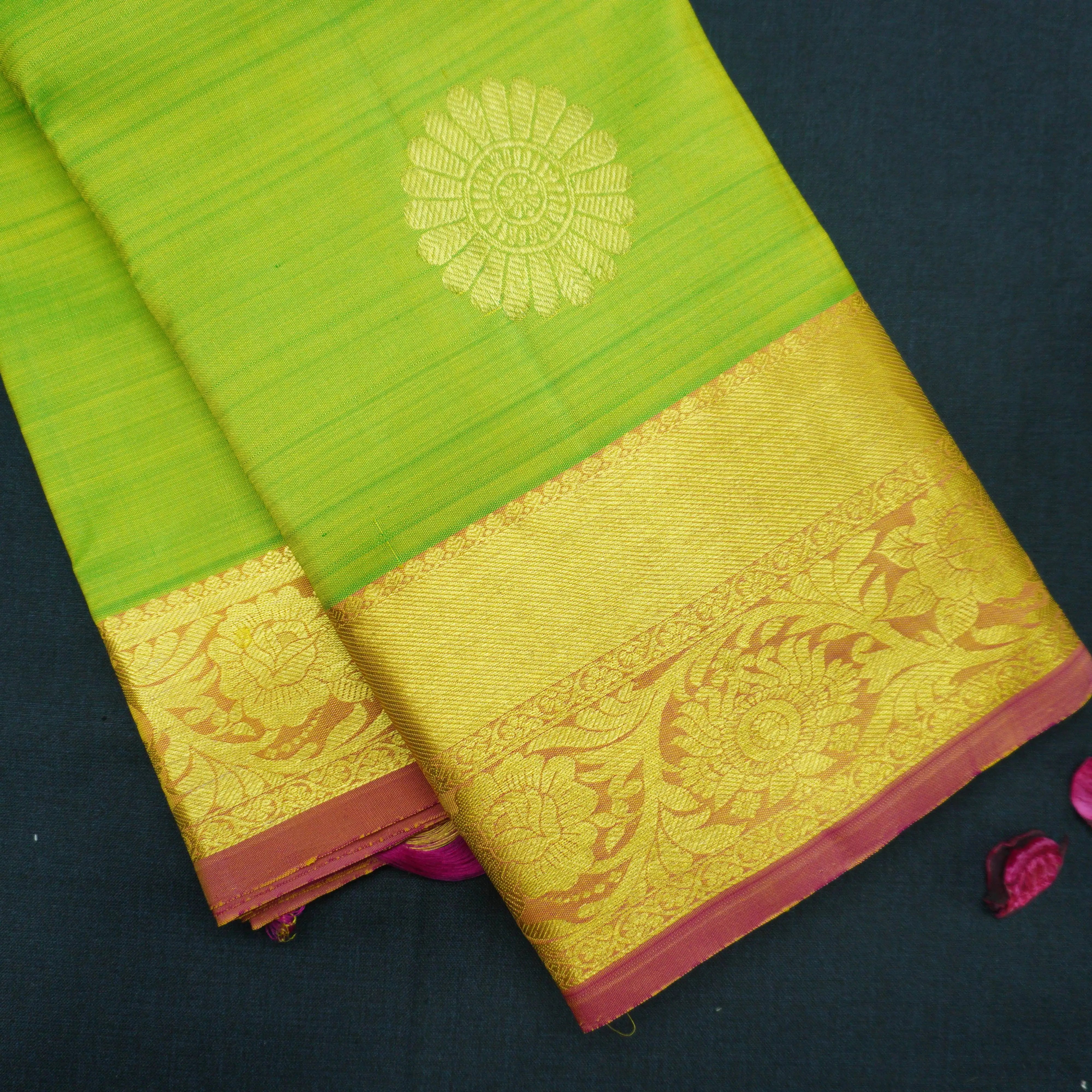 Lime Green Kanchipuram Silk Saree with Gold Zari Motifs and Blush Pink Border