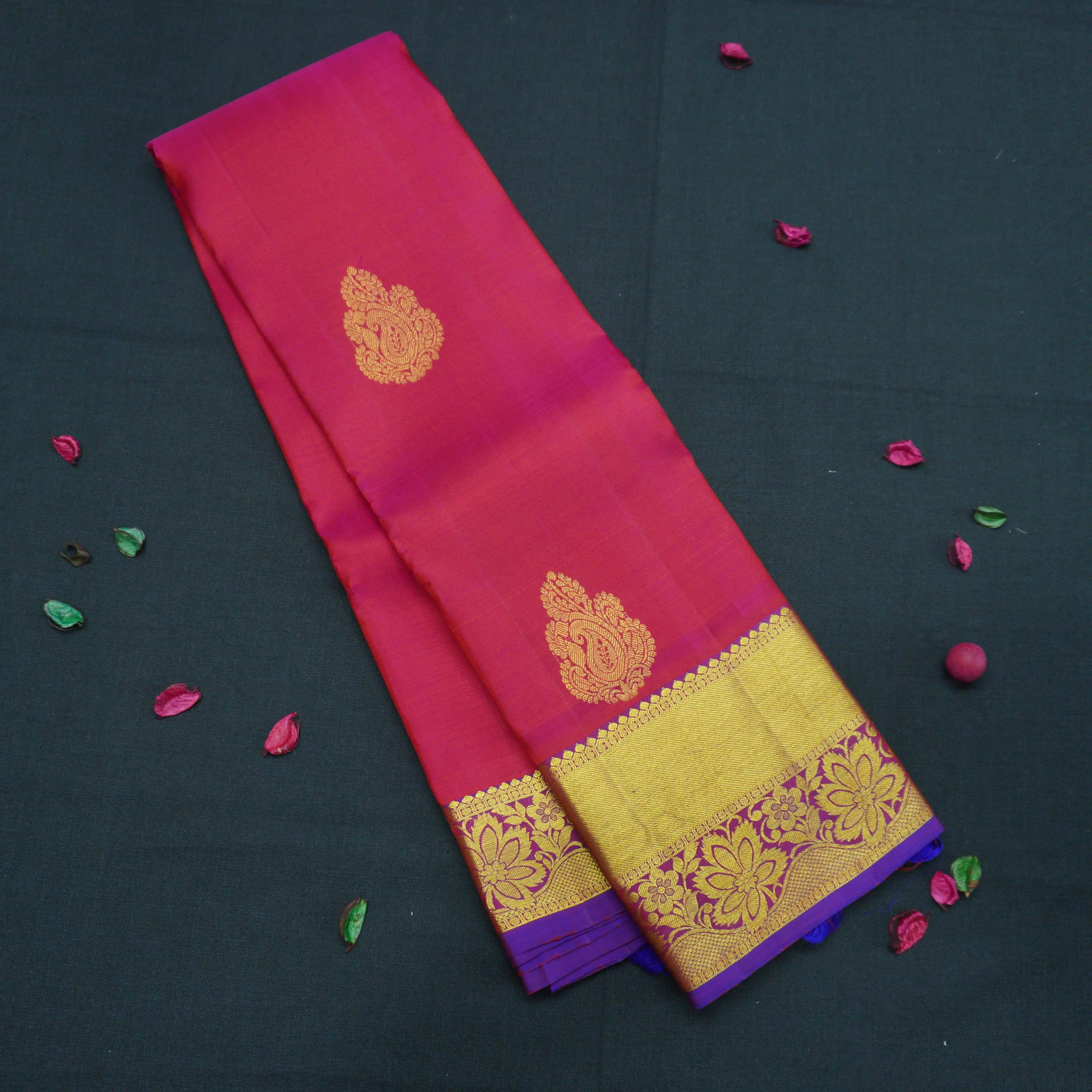 Tomato Red Kanchipuram Silk Saree with Gold Zari Butta and Blue Border