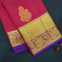 Load image into Gallery viewer, Tomato Red Kanchipuram Silk Saree with Gold Zari Butta and Blue Border
