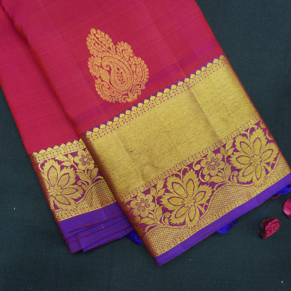 Tomato Red Kanchipuram Silk Saree with Gold Zari Butta and Blue Border