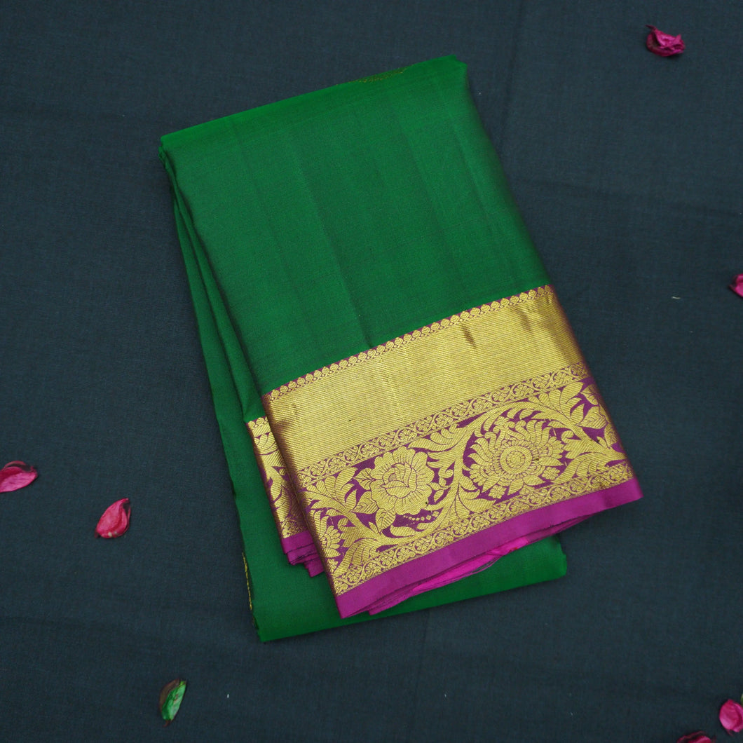 Bottle Green Kanchipuram Handloom Silk Saree with Purple Zari Border