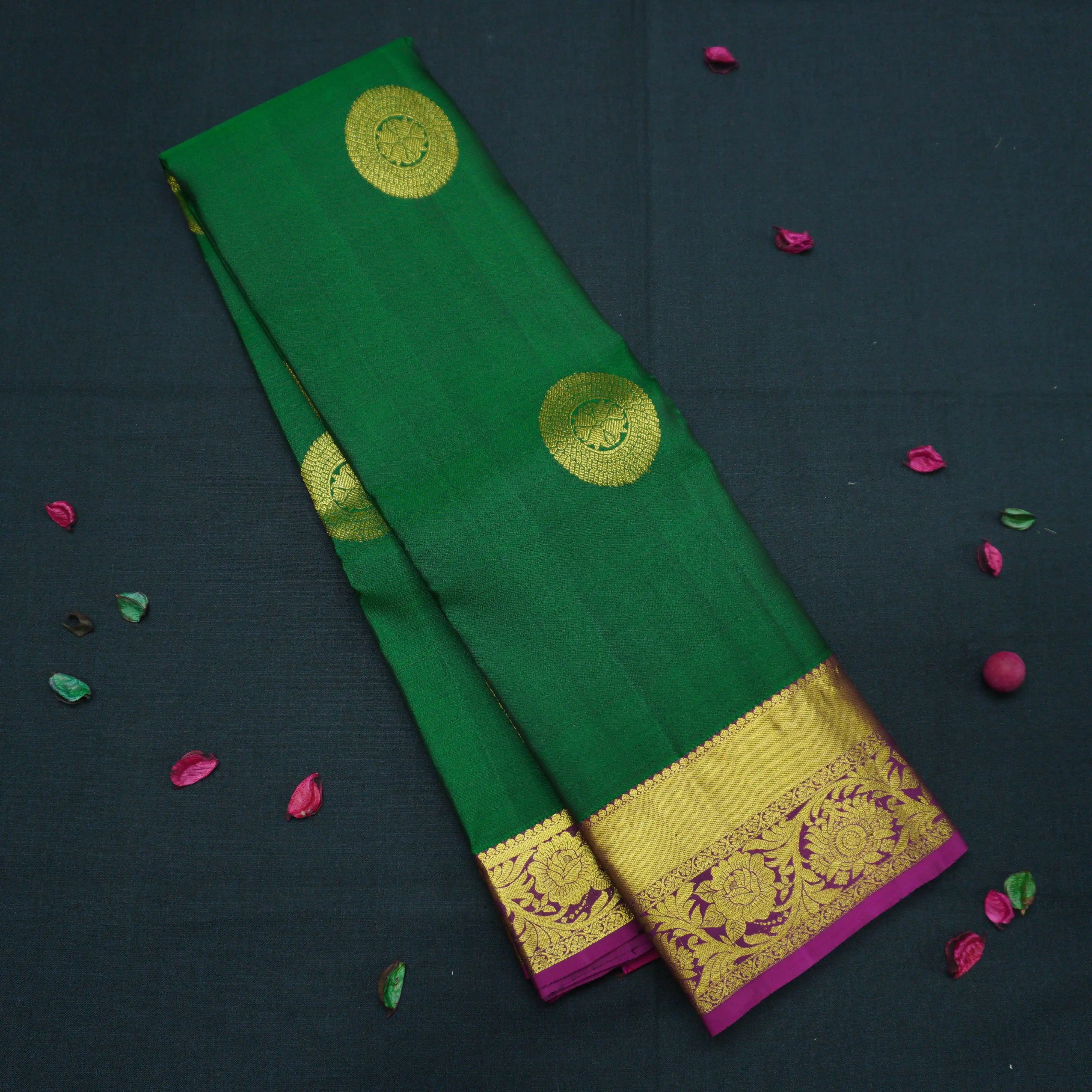 Bottle Green Kanchipuram Handloom Silk Saree with Purple Zari Border