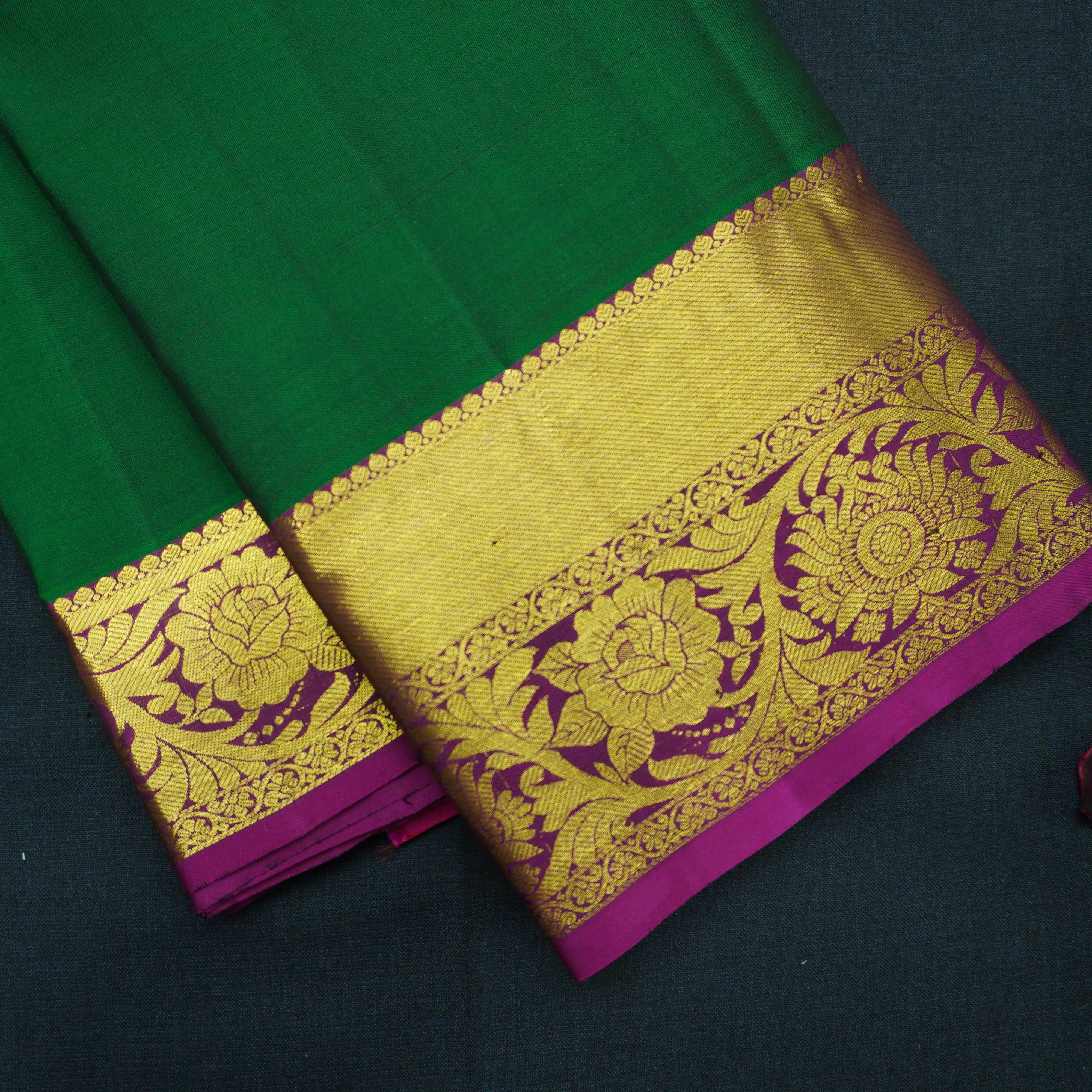 Bottle Green Kanchipuram Handloom Silk Saree with Purple Zari Border