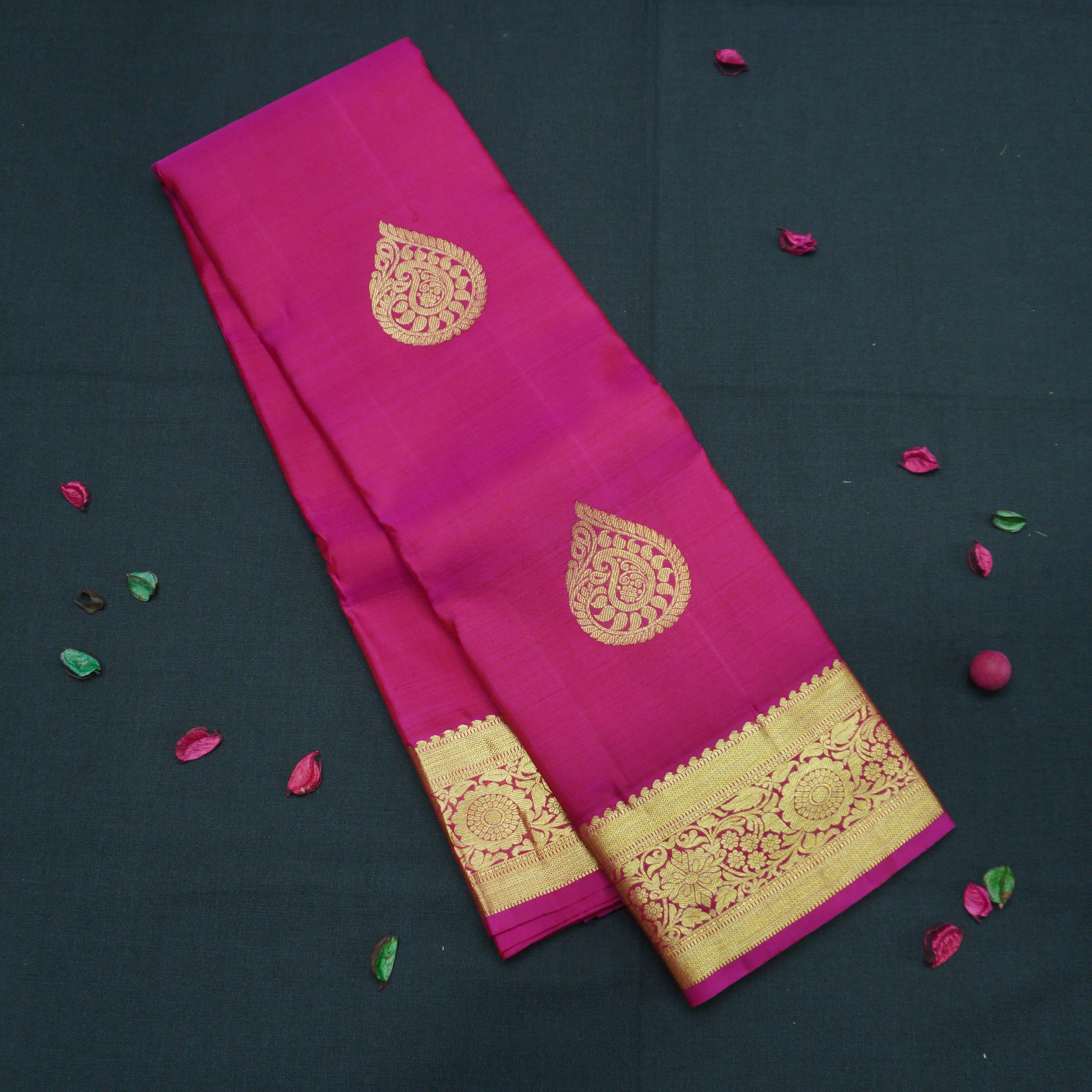 Rani Pink Kanchipuram Silk Saree with Paisley Motif and Floral Border