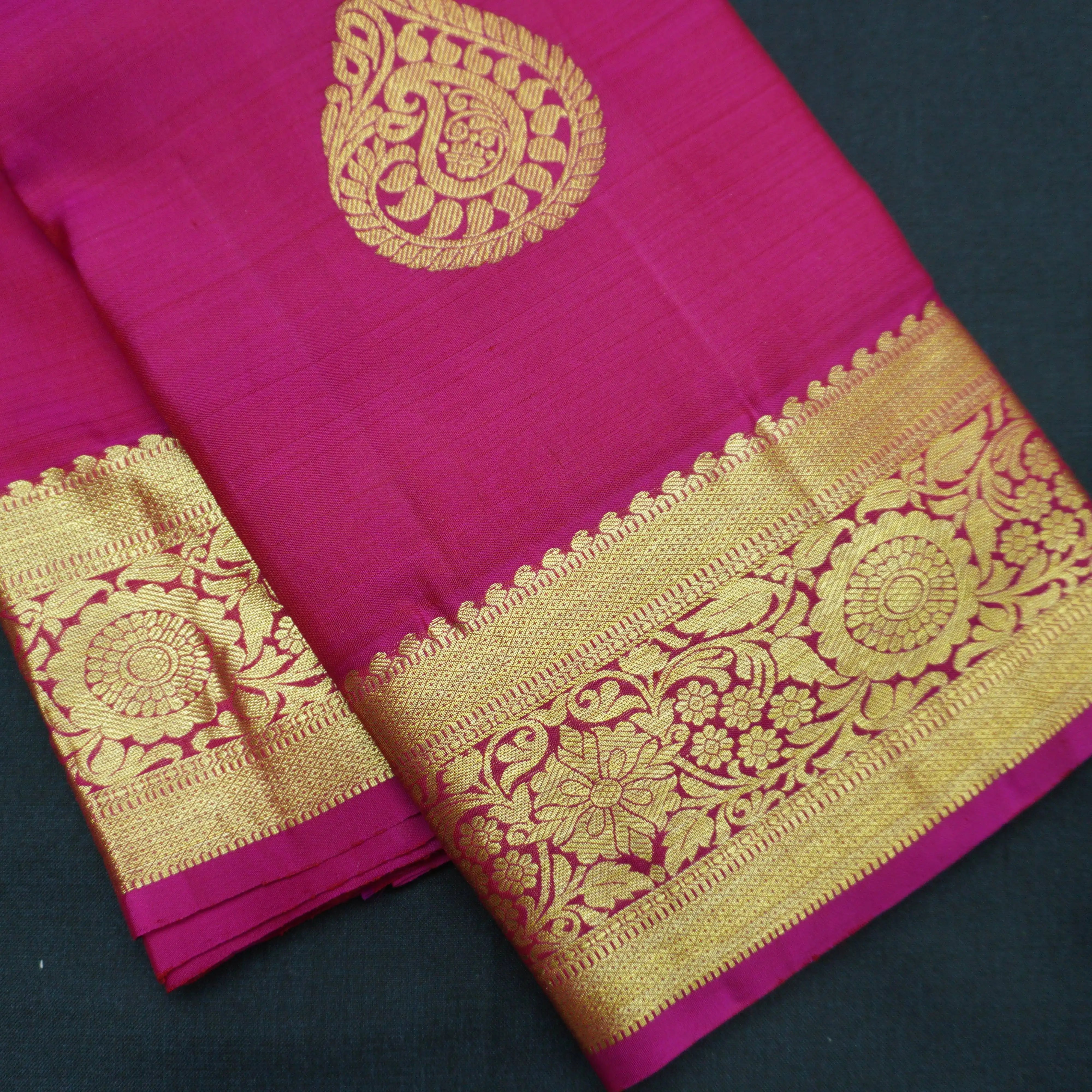 Rani Pink Kanchipuram Silk Saree with Paisley Motif and Floral Border