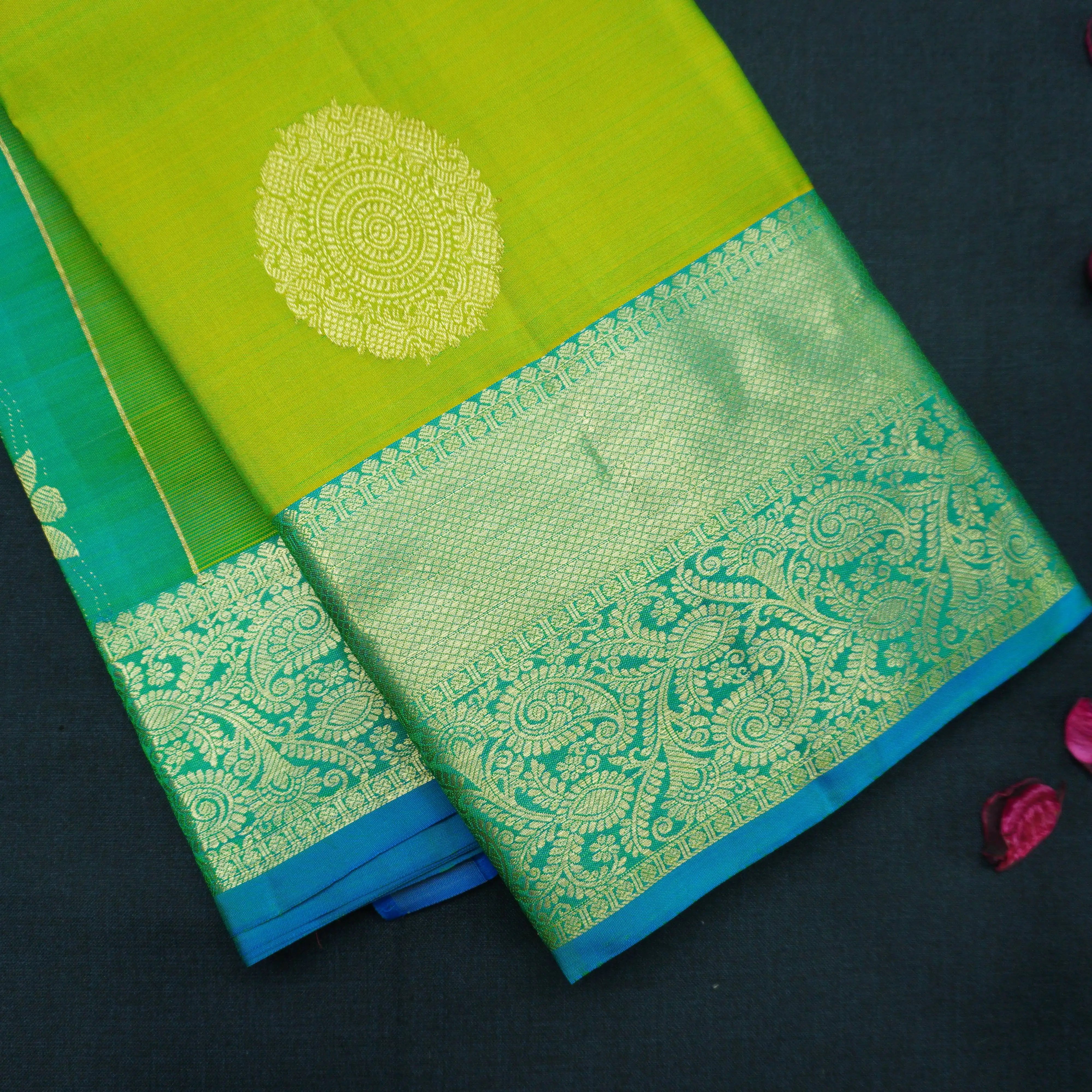 Lime Green Kanchipuram Silk Saree with Gold Zari Butta & Ananda Border