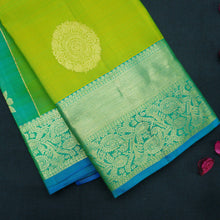 Load image into Gallery viewer, Lime Green Kanchipuram Silk Saree with Gold Zari Butta &amp; Ananda Border
