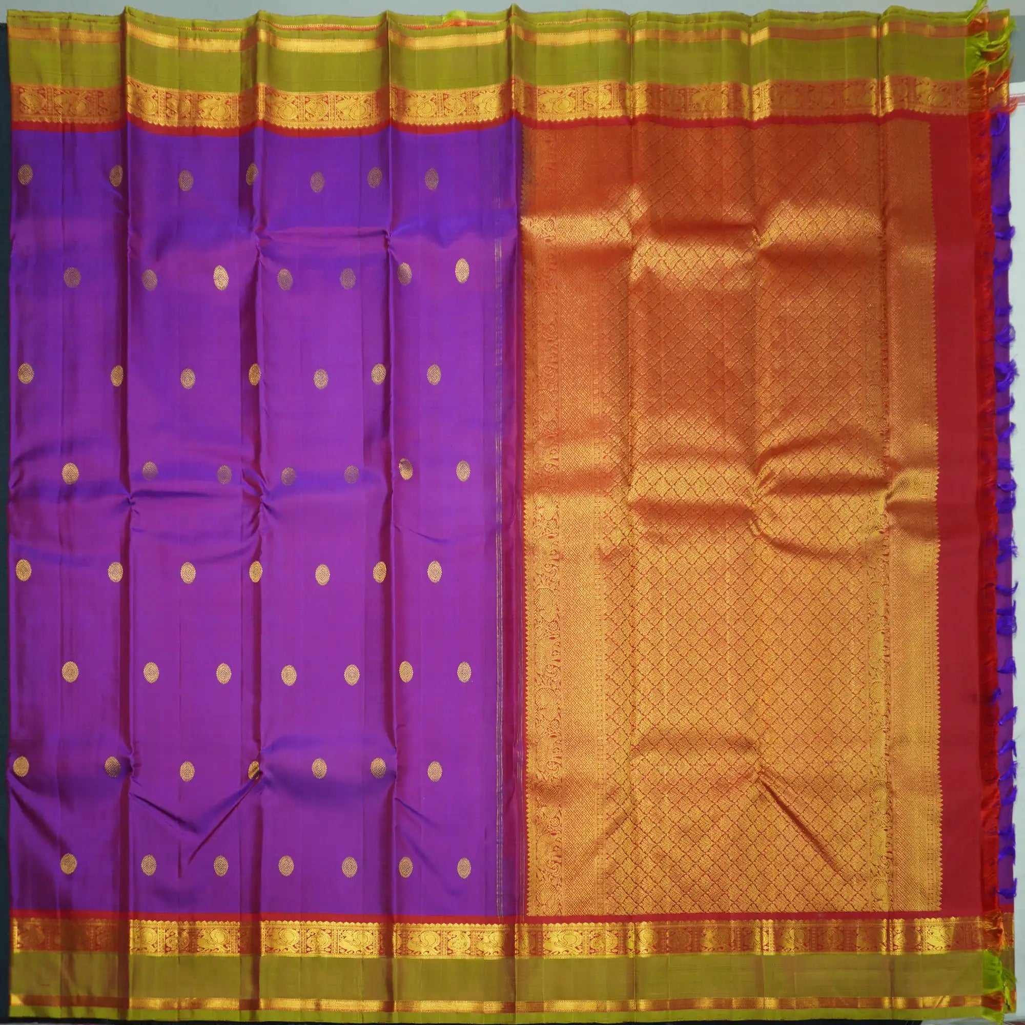 Purple Kanchipuram Silk Saree with Red and Olive Green Zari Border