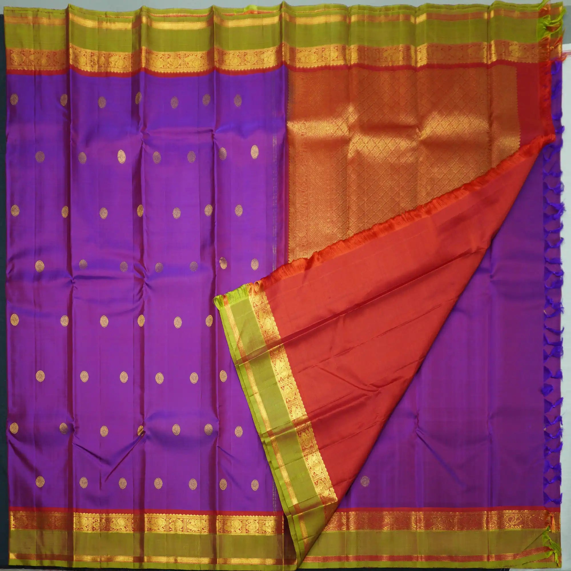 Purple Kanchipuram Silk Saree with Red and Olive Green Zari Border