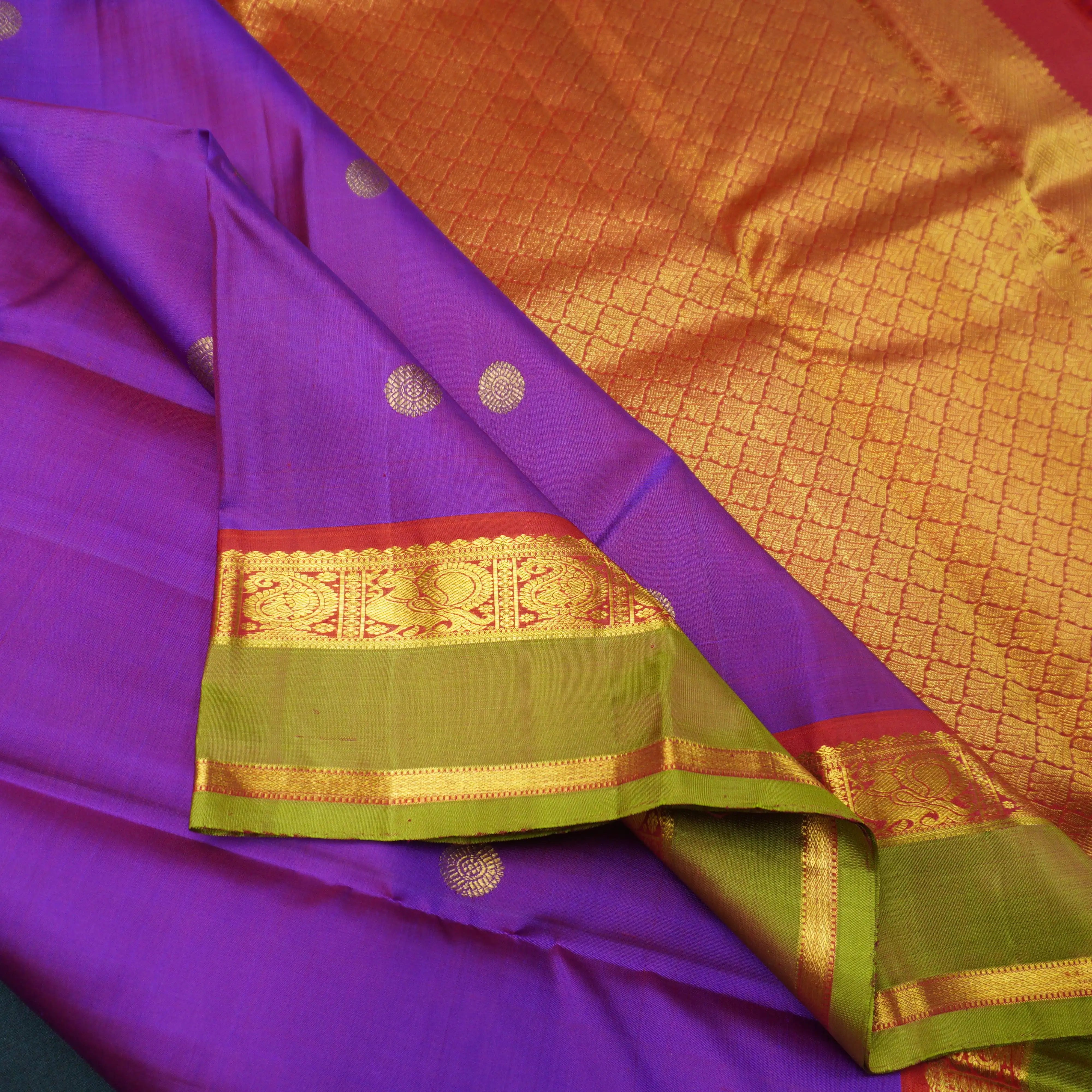 Purple Kanchipuram Silk Saree with Red and Olive Green Zari Border