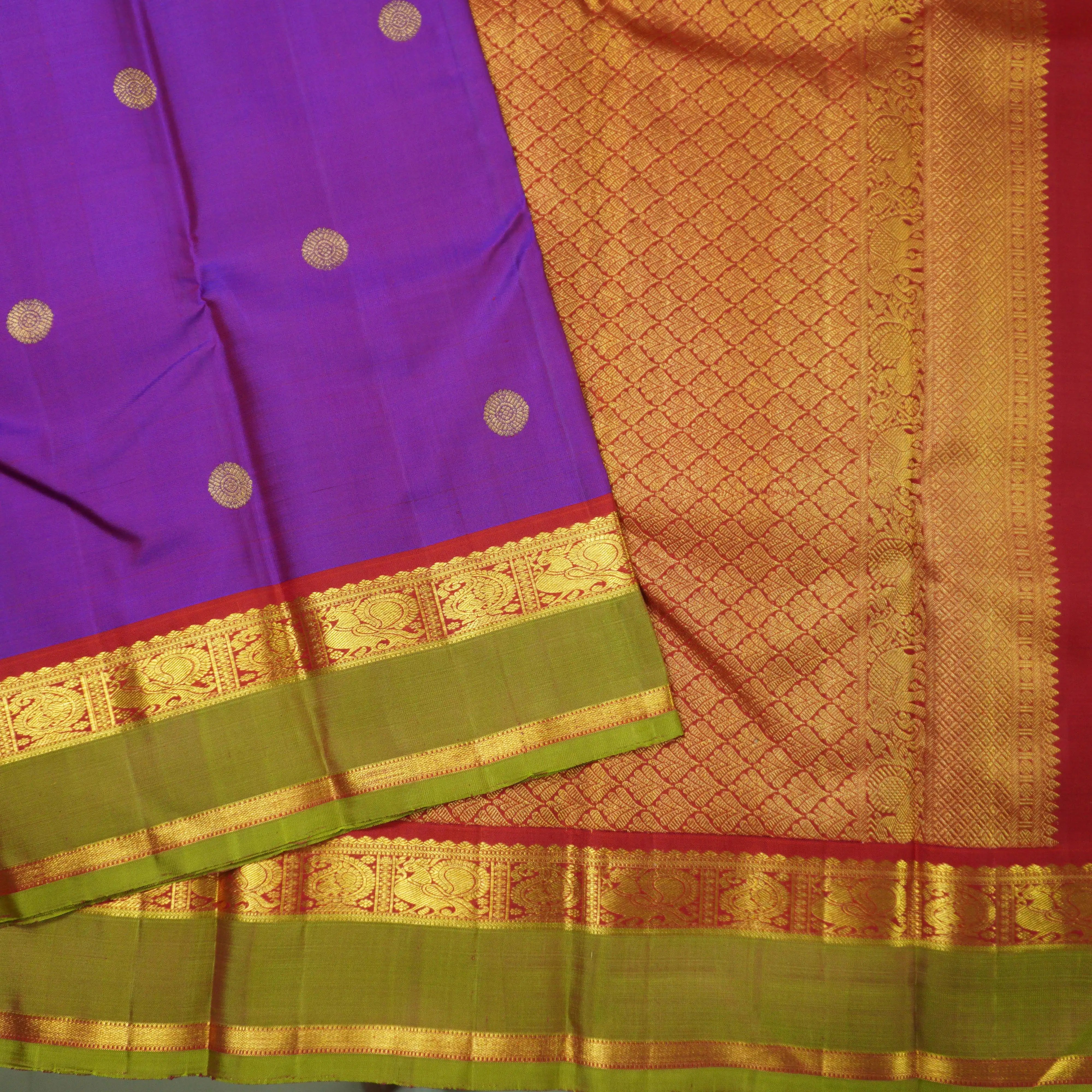 Purple Kanchipuram Silk Saree with Red and Olive Green Zari Border